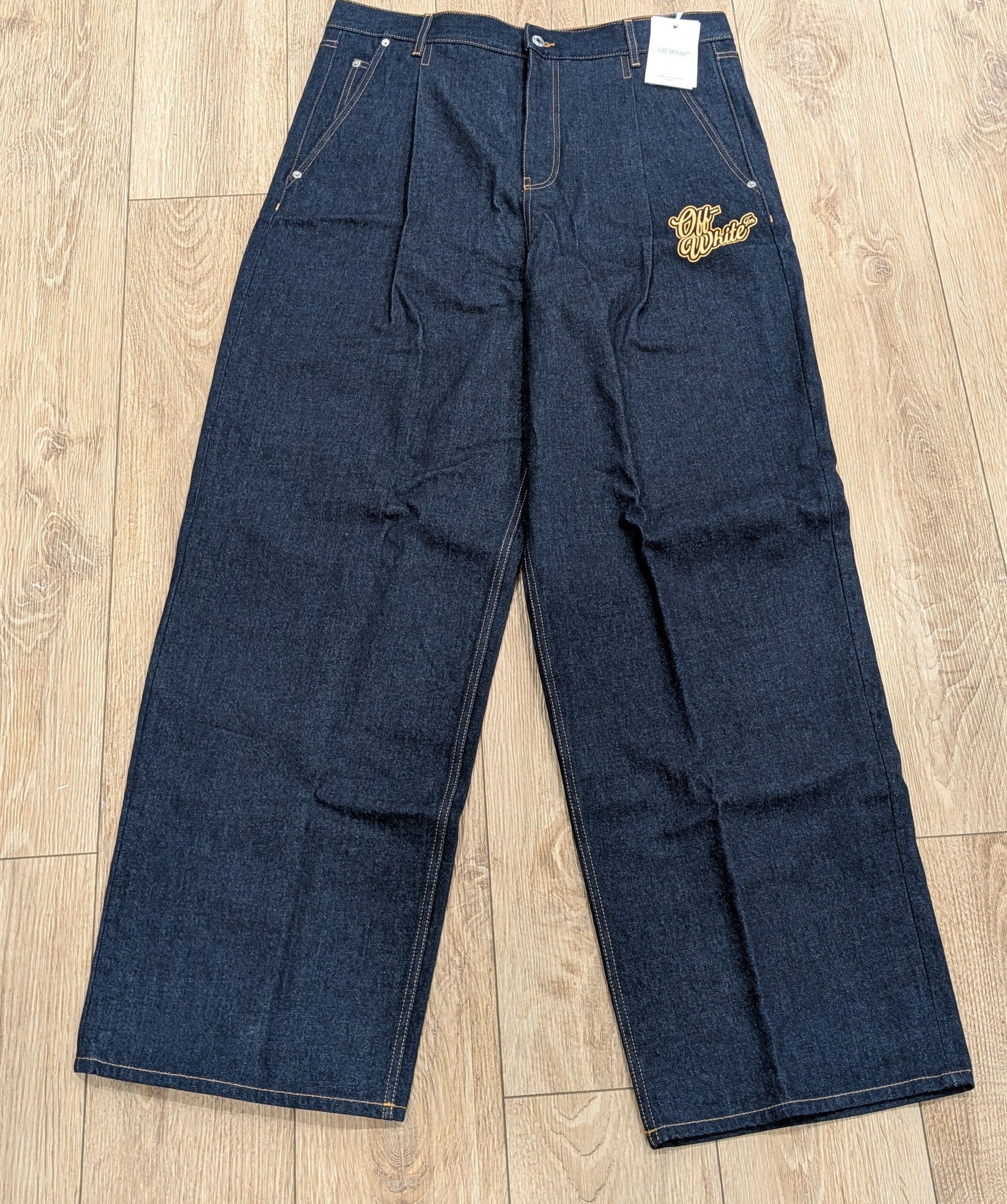 Off-White OFF-WHITE 90s Logo Baggy Jeans Raw Blue/Gold 36 Size US 36 / EU 52 - 1 Thumbnail
