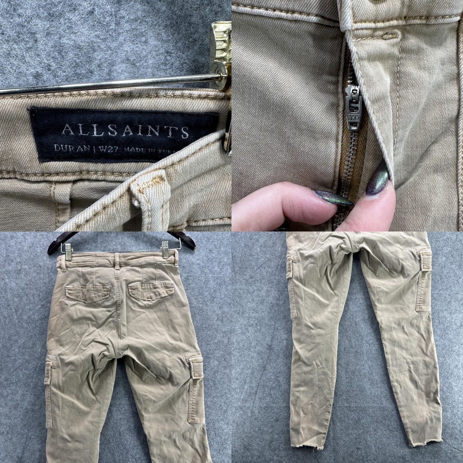 Allsaints AllSaints Duran Skinny Cargo Pants Womens 27 Beige Khaki Stretch Utility Pockets Zip Button Twill Cotton Polyester Spandex Casual Size 27" / US 4 / IT 40 - 8 Thumbnail