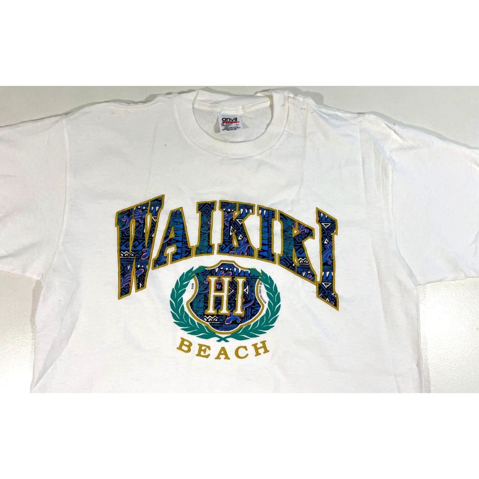 Anvil NOS Vintage 90s Waikiki Beach Hawaii T-Shirt Anvil Sz L White Cotton Short Sleeve Crew Neck Unisex Adults 90s Beach Hawaiian Graphic Print Size US L / EU 52-54 / 3 - 4 Thumbnail