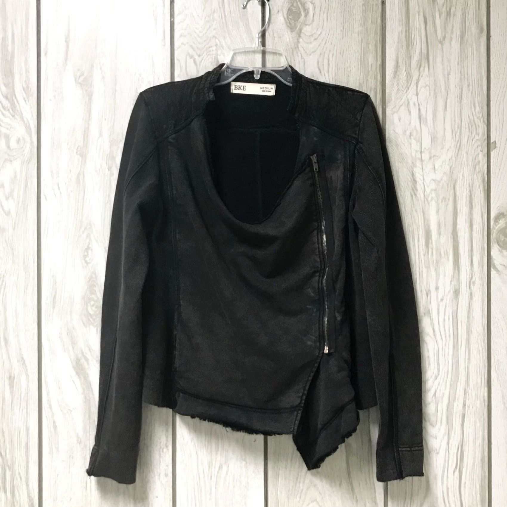 Vintage Buckle BKE Women Black Washed Cowl-Neck Asymmetrical Zip Draped Moto Jacket M Jacket Womens Size M / US 6-8 / IT 42-44 - 2 Thumbnail