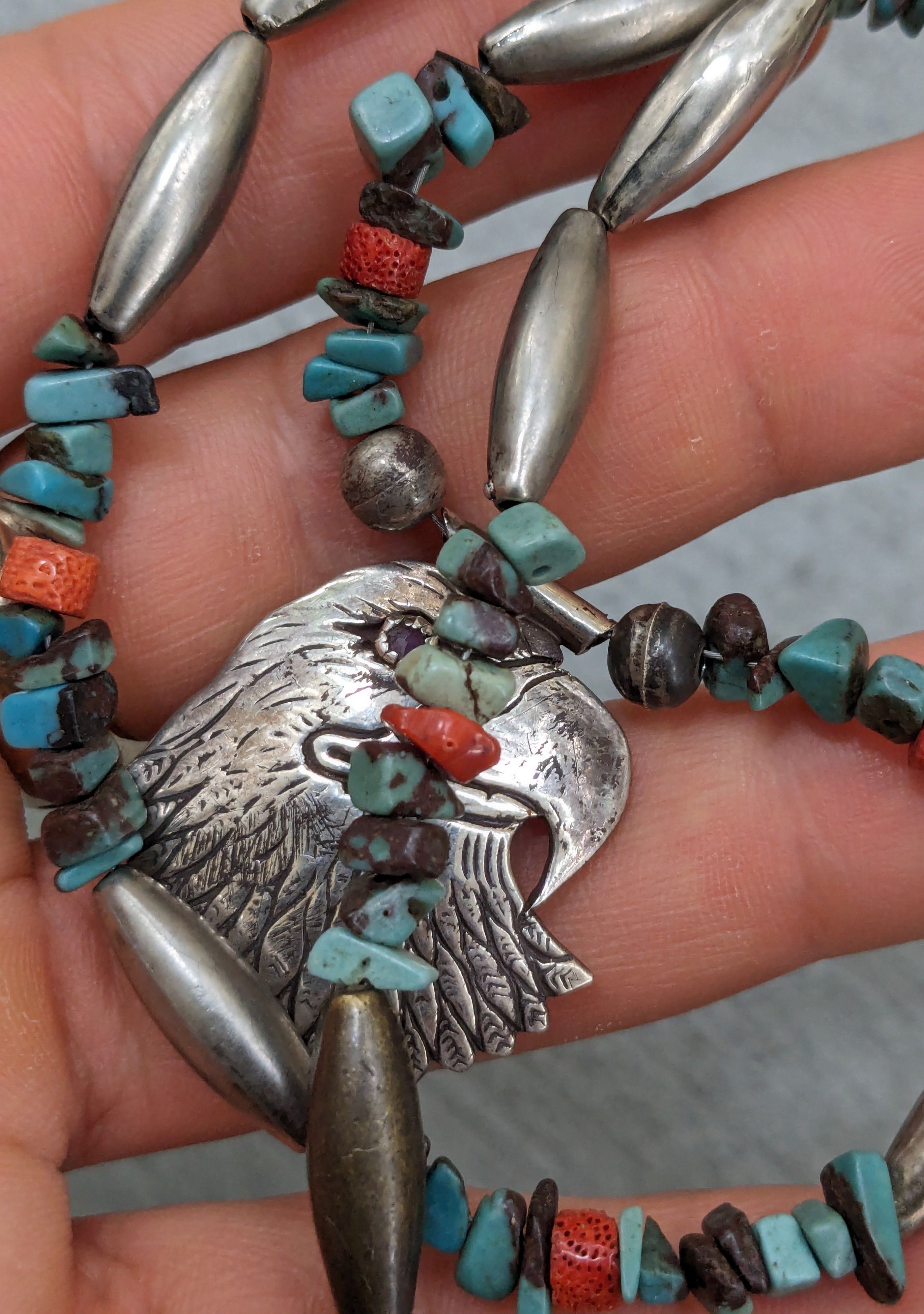 Jewelry Sterling Silver Necklace Turquoise Eagle Native Coral Size ONE SIZE - 12 Thumbnail