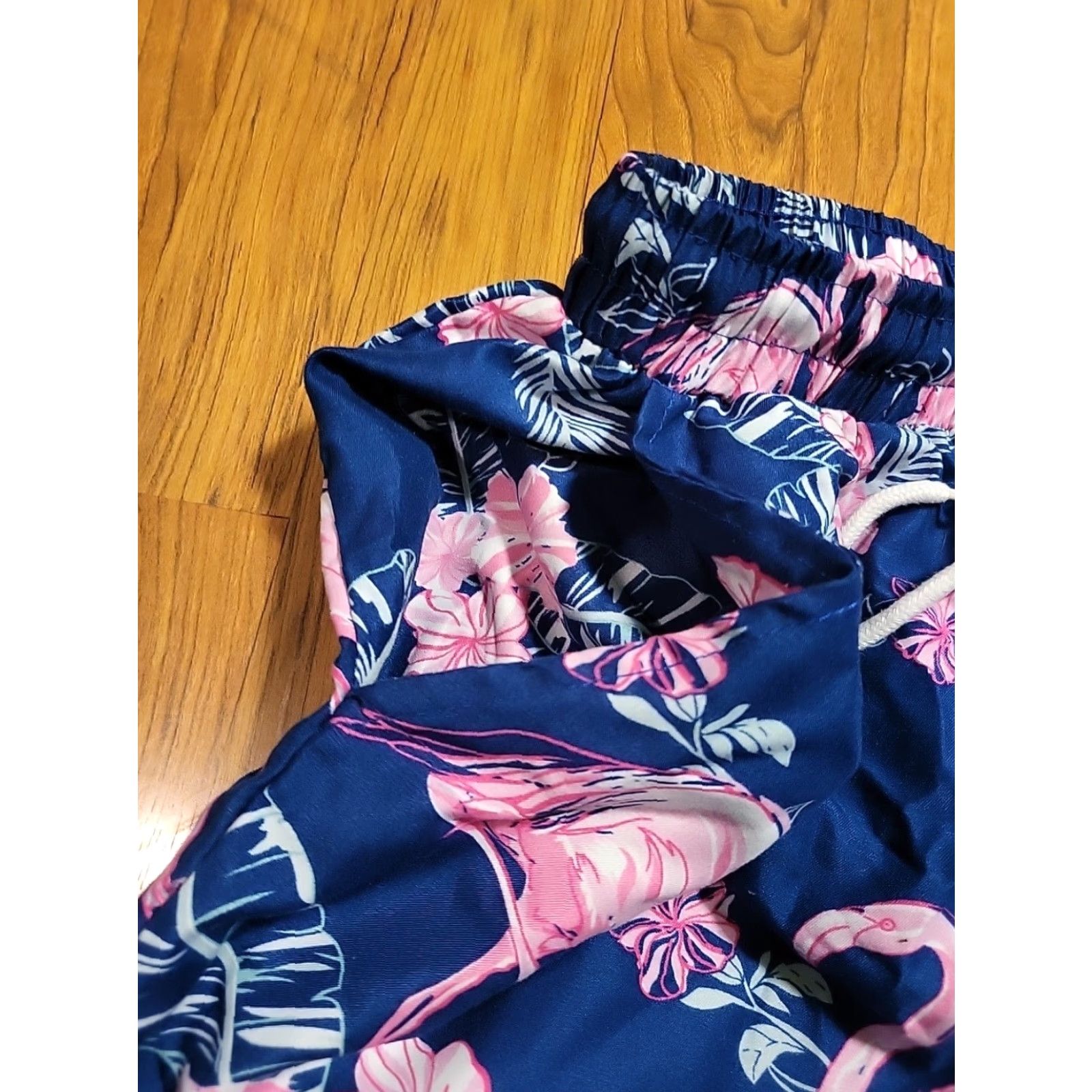 Vintage Flamingo Swim Trunks All Over Print Blue & Pink M Men Bottom with Pockets Drawstring 28"-32" Size ONE SIZE - 3 Thumbnail