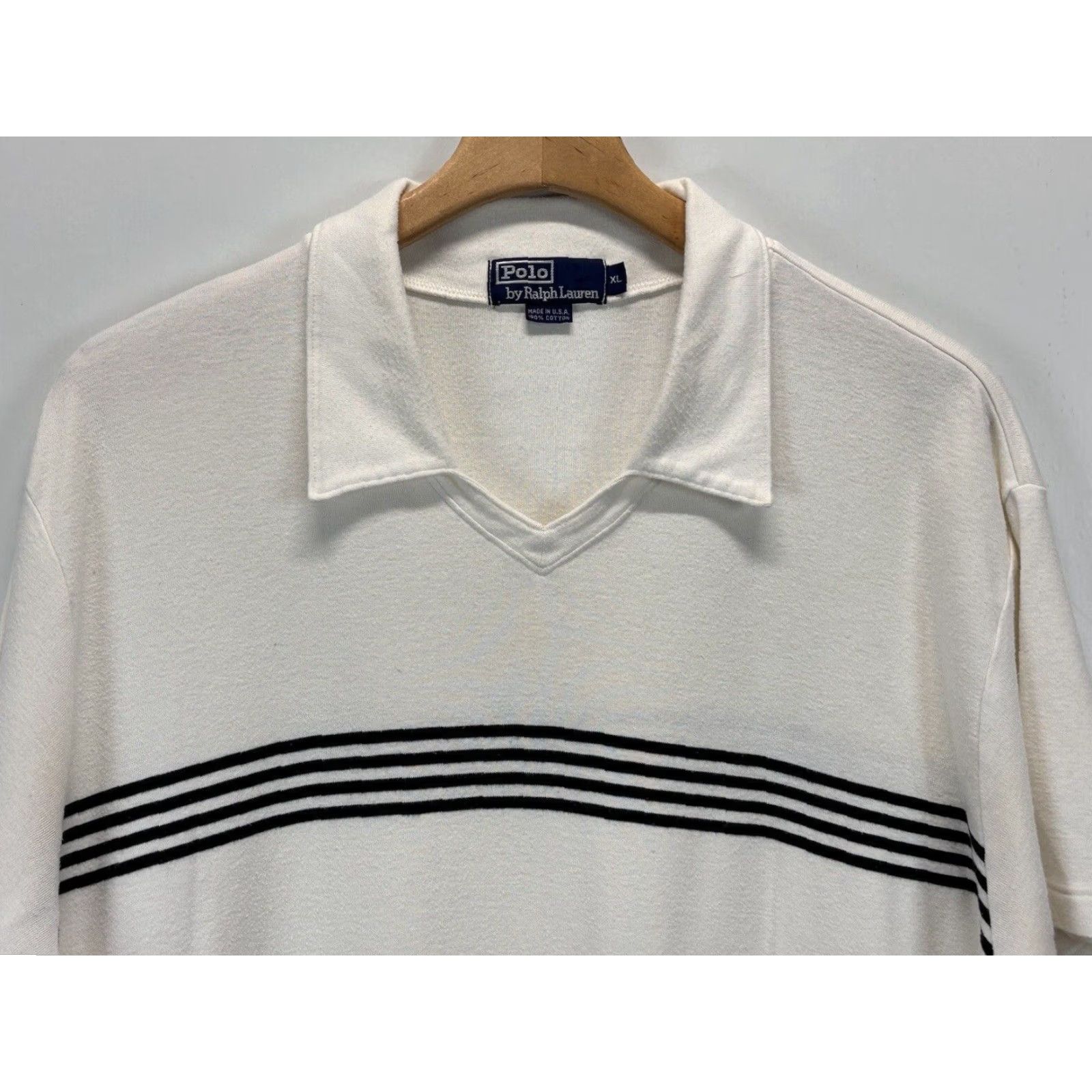 Ralph Lauren VINTAGE Ralph Lauren Polo Knit Shirt Men XL White Navy Striped 90s USA Casual Short Sleeve Cotton Knit Mens Size US XL / EU 56 / 4 - 2 Thumbnail