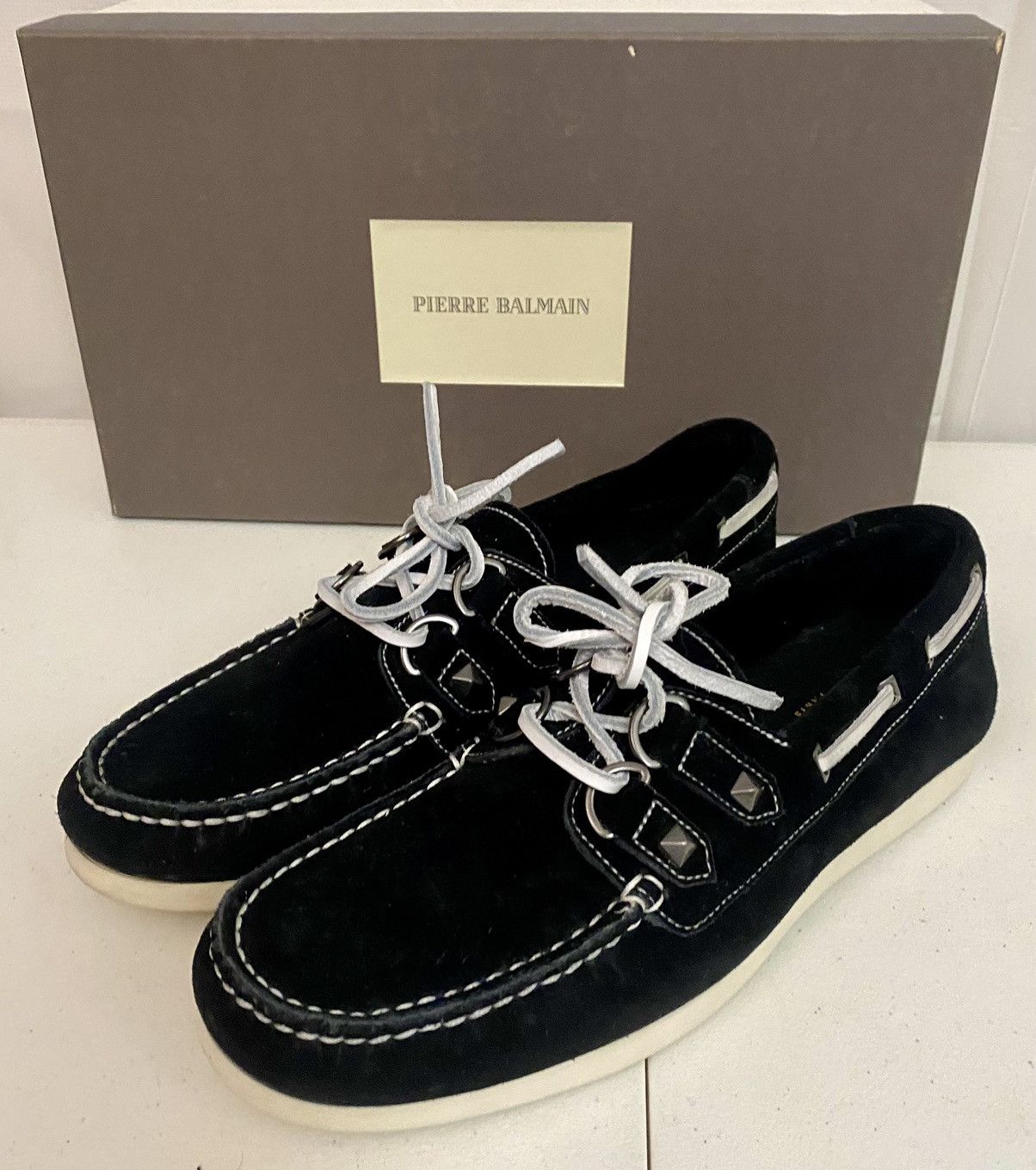 Pierre Balmain Balmain Black Suede Medal Dual Stud Contrast Boatshoe 40 New Size US 9 / IT 39 - 4 Thumbnail