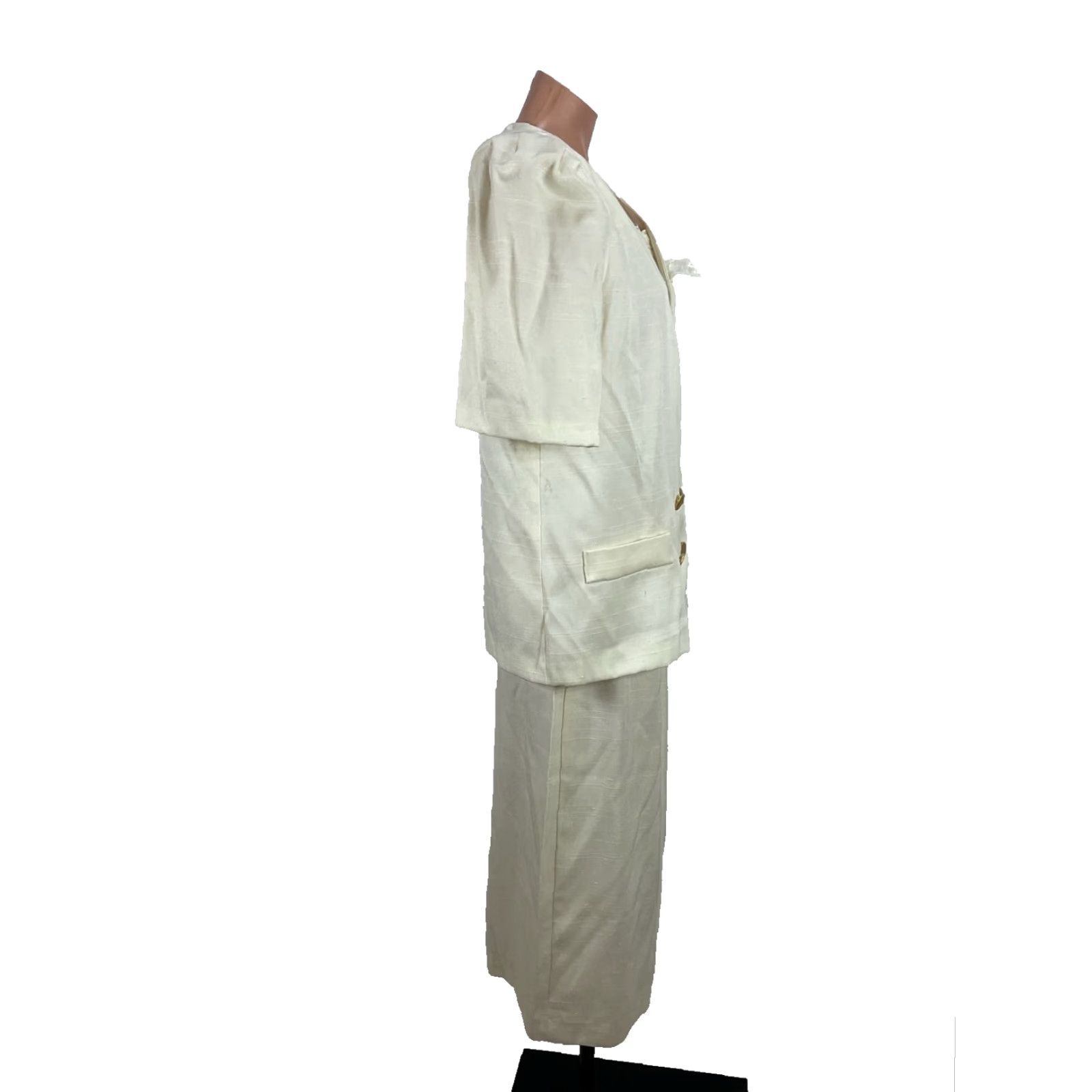 VINTAGE LORAC ORIGINAL Skirt Suit Womens 14 Ivory Linen Like Puffy Shoulder UNIONMADE Secretary/Geek 1980s