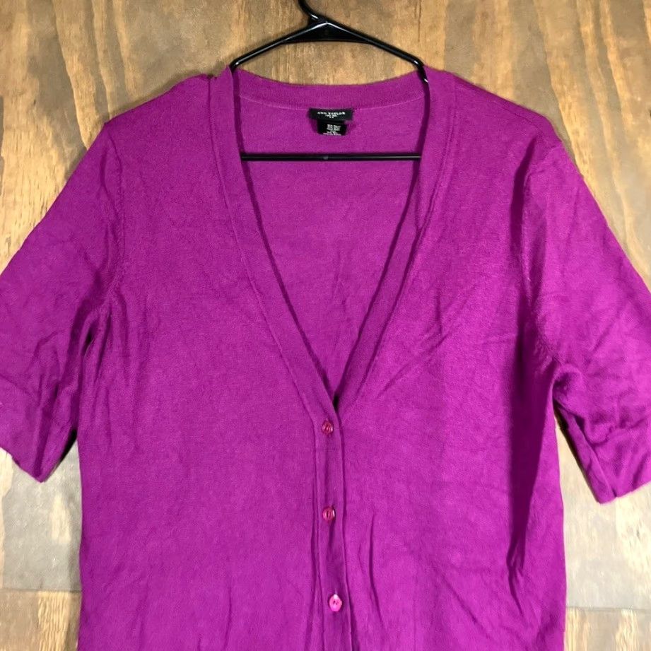 Ann Taylor Ann Taylor Womens Sweater Cardigan Purple V-Neck Short Sleeve L Size L / US 10 / IT 46 - 2 Thumbnail