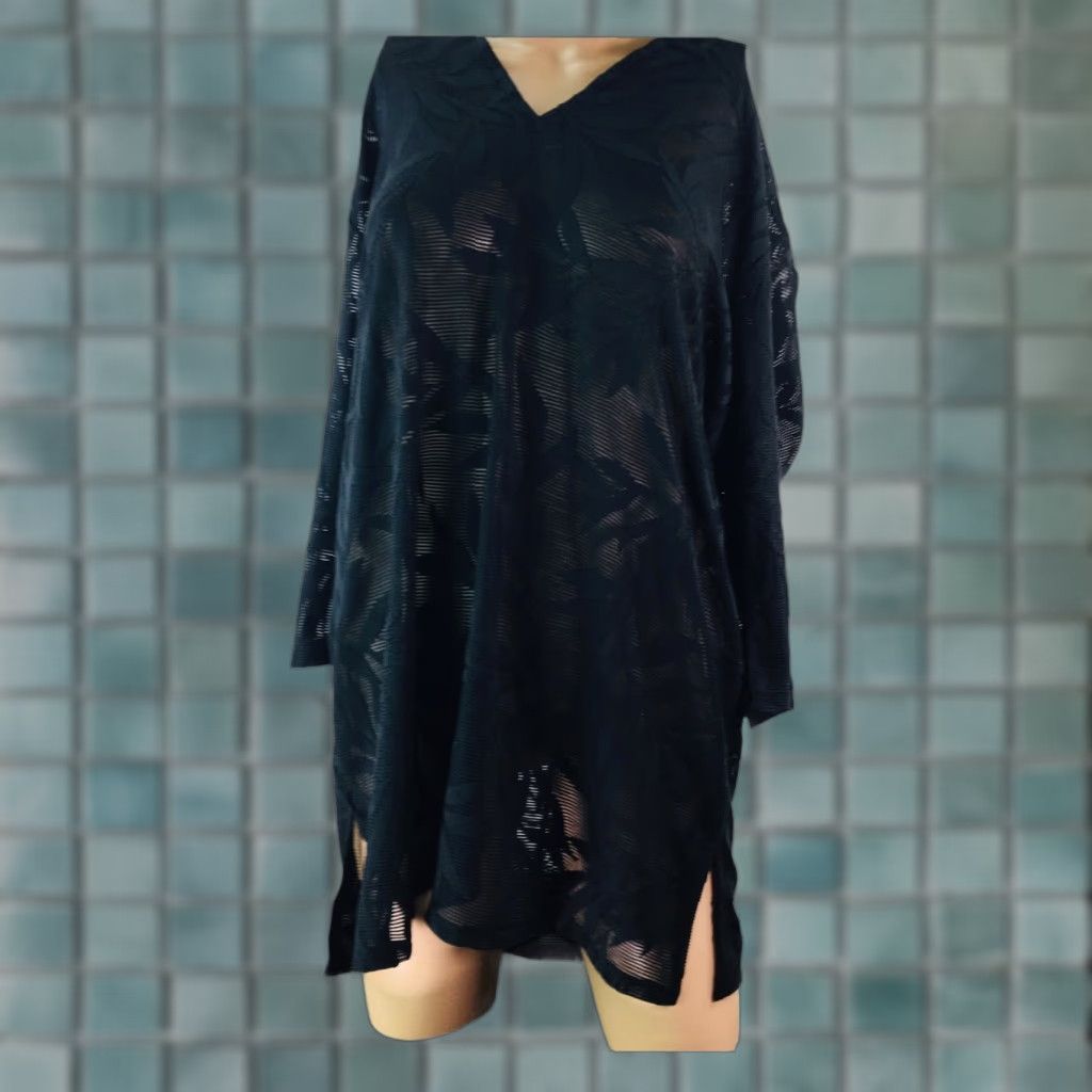 Vintage Coastal Blue Womens Cover Up Swimdress Black Floral Stretch V Neck Slit S New Size S / US 4 / IT 40 - 1 Thumbnail