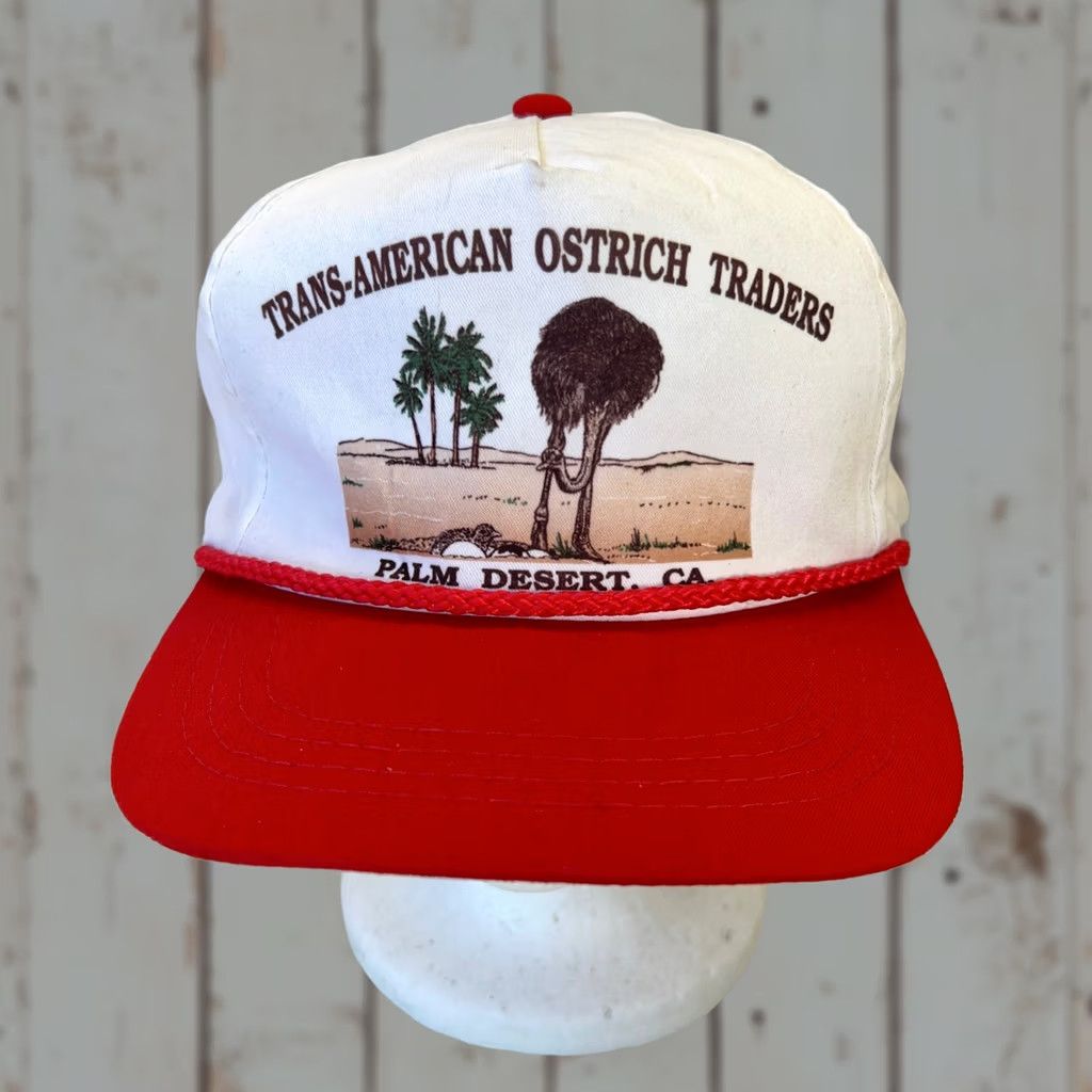 Vintage Vintage Trans-American Ostrich Traders Snapback Hat Palm Desert CA White Red Men One Size White Snapback 80s 90s USA Adjustable Size ONE SIZE - 1 Thumbnail