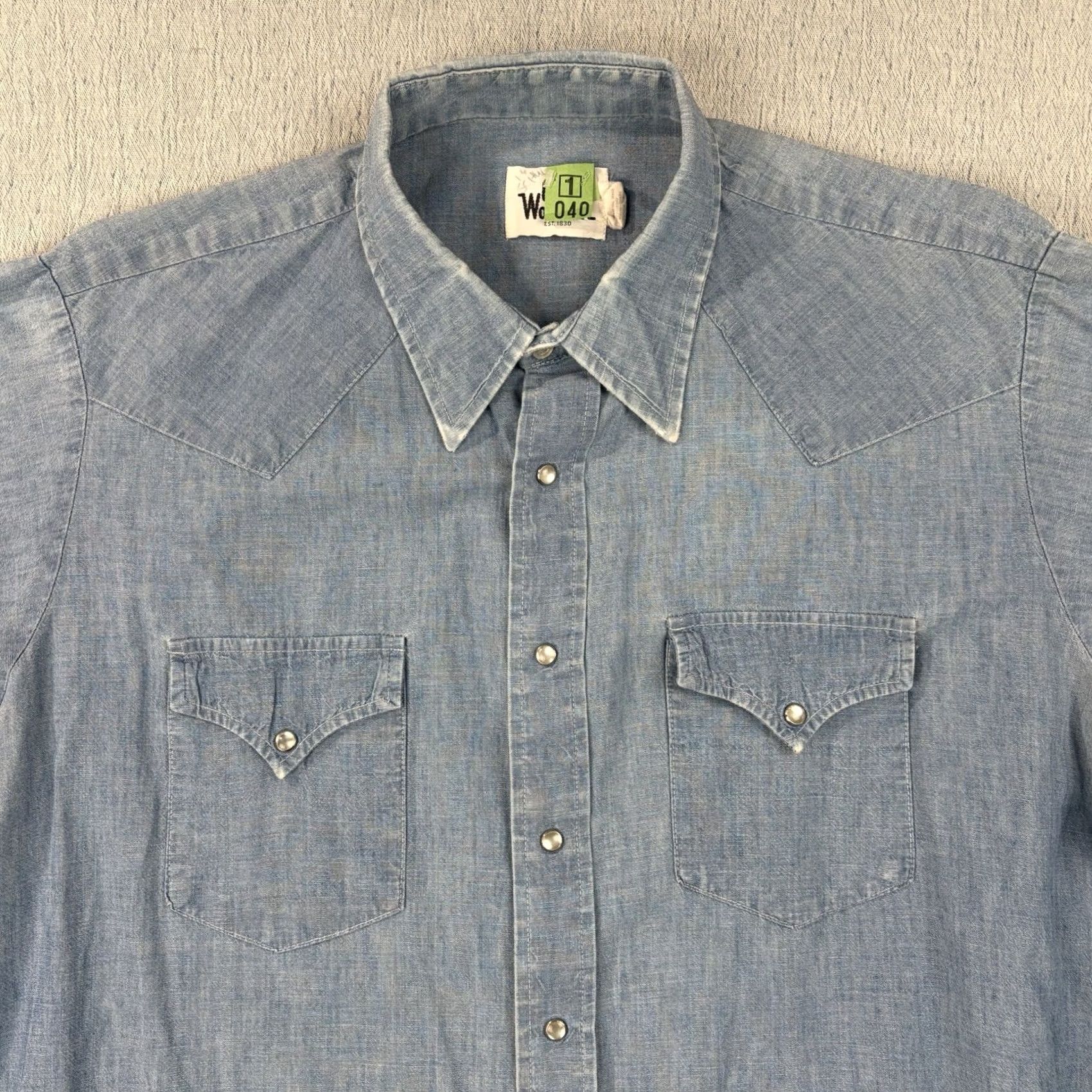 Vintage Vintage 1970s Woolrich Denim Pearl Snap Sz XL Rockabilly Western Retro Disco Shirt Size US XL / EU 56 / 4 - 5 Thumbnail