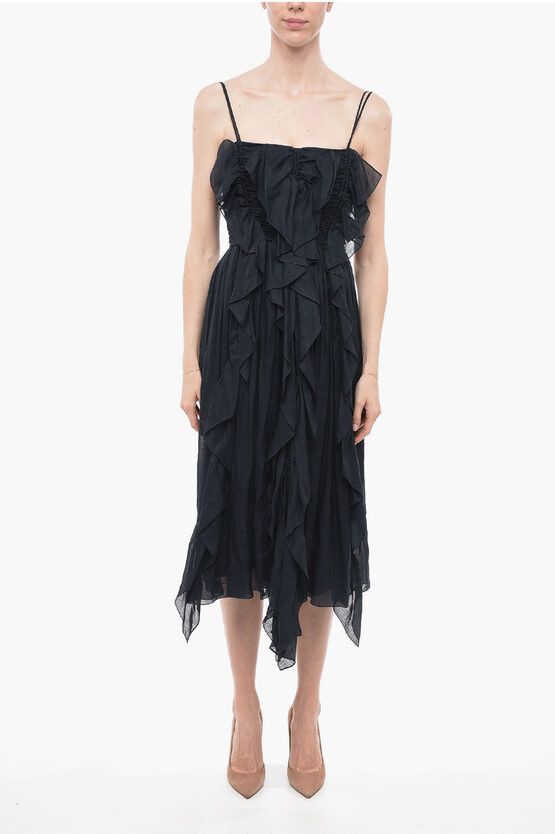 image of Chloe Ruffle Ramie Midi Dress With Back Zip in Blue, Women's (Size Small)