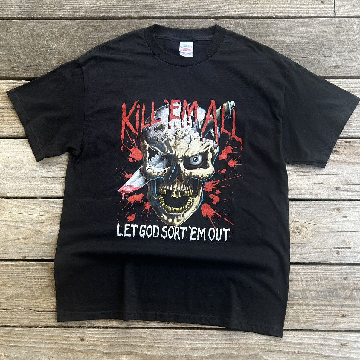 Vintage Vintage Kill Em All Let God Sort Em Out Skull Style T Shirt Size US L / EU 52-54 / 3 - 1 Thumbnail