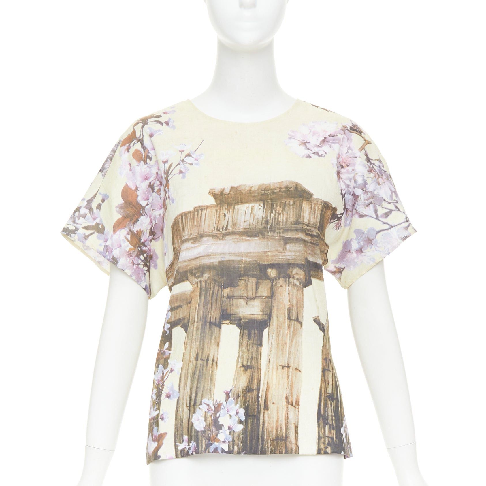 Dolce & Gabbana DOLCE GABBANA 100% silk cream purple Rome Ruins floral print boxy top IT38 XS Size XS / US 0-2 / IT 36-38 - 1 Thumbnail