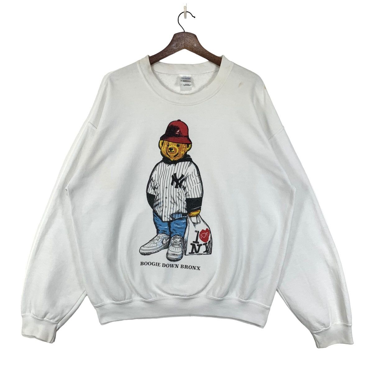 image of Gildan Bear I Love Ny Boogie Down Bronx Sweatshirt in White, Men's (Size Large)