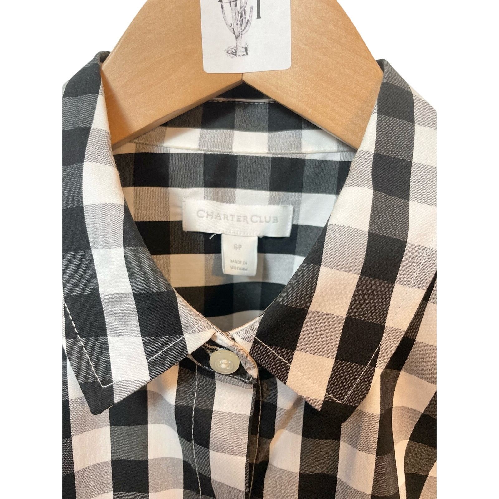 Other Charter Club Women gingham Black White Print Tie Hem Shirt Size M / US 6-8 / IT 42-44 - 3 Thumbnail