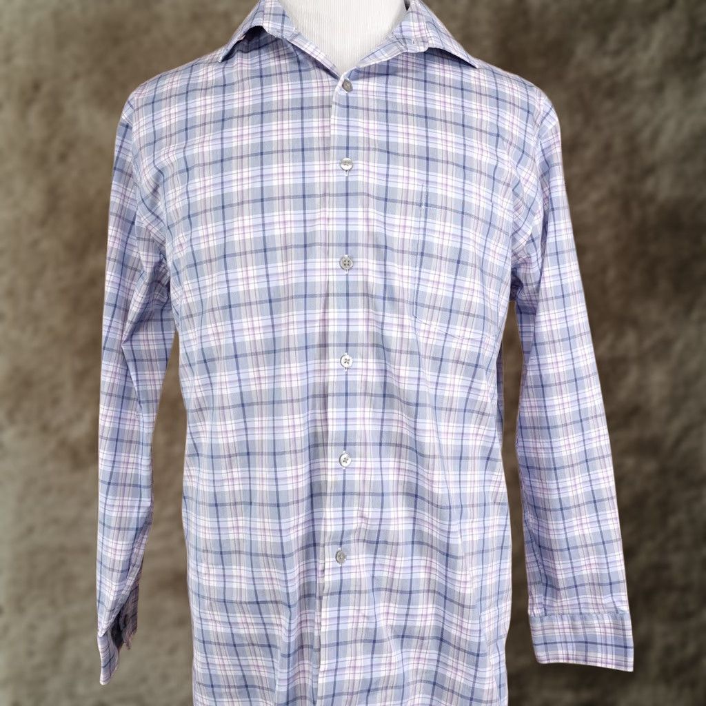 Van Heusen Van Heusen Dress Shirt L 16-16½ 32/33 Plaid Regular Fit Wrinkle Resistant Stretch Blue Mens Size 42R - 1 Thumbnail
