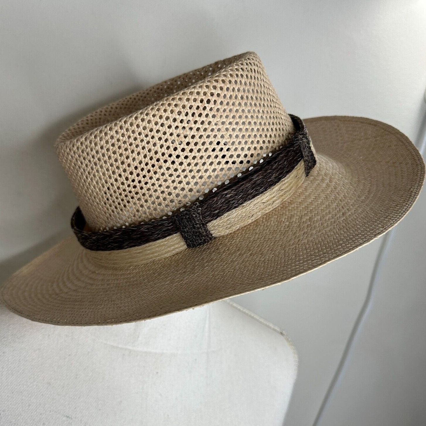 Temple Tan & Brown Basket Weave Rattan Wide Brim Hat Embellished Dark Brown Band Temple Basket Weave Rattan Wide Brim Embellished Brown Band main image 3