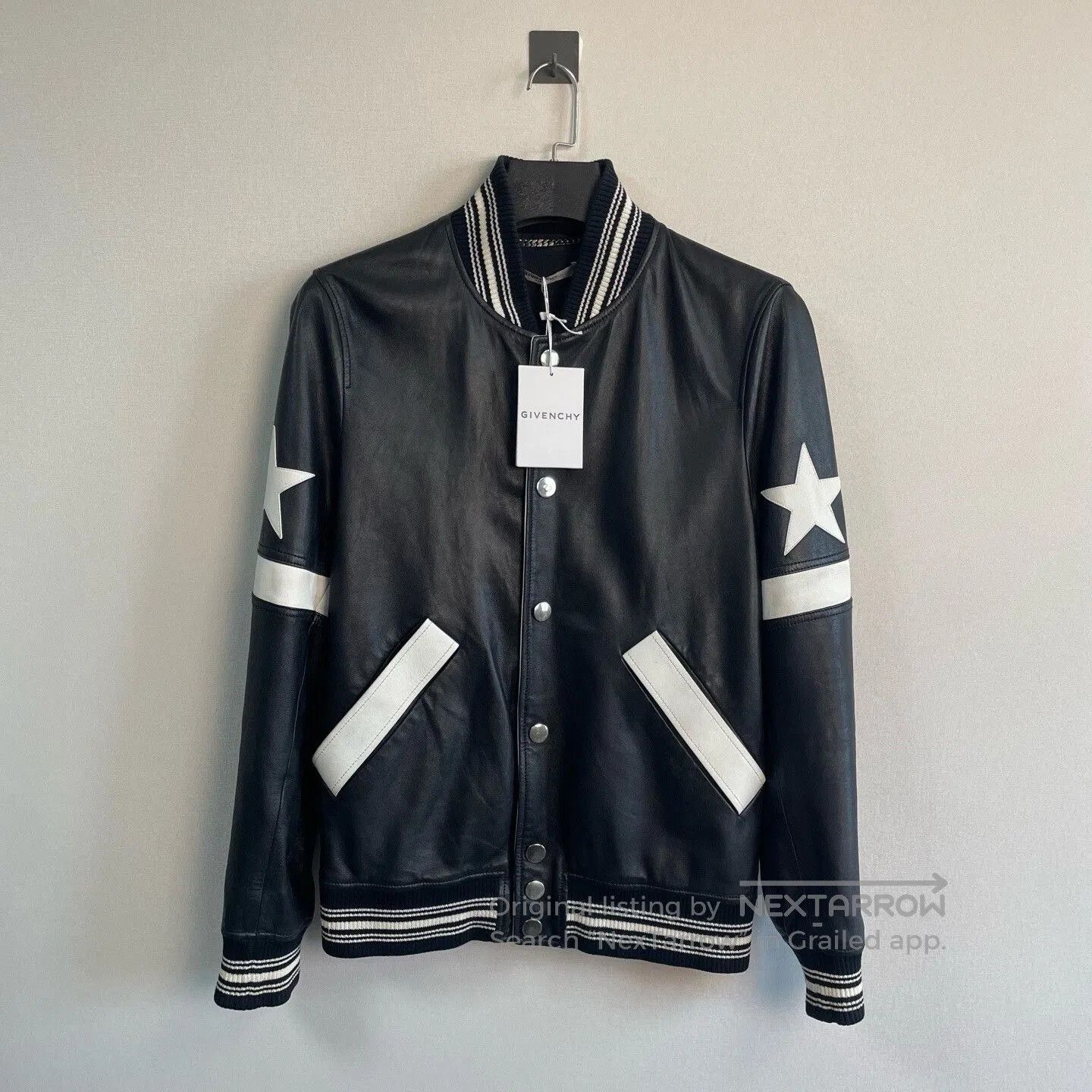 givenchy black star leather jacket size 50.