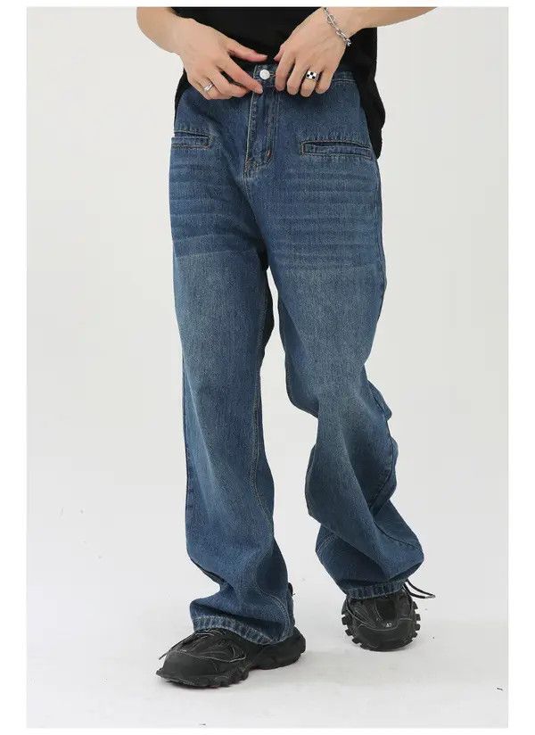 Japanese Brand Dark blue washed large pocket straight denim trousers Size US 32 / EU 48 - 3 Thumbnail