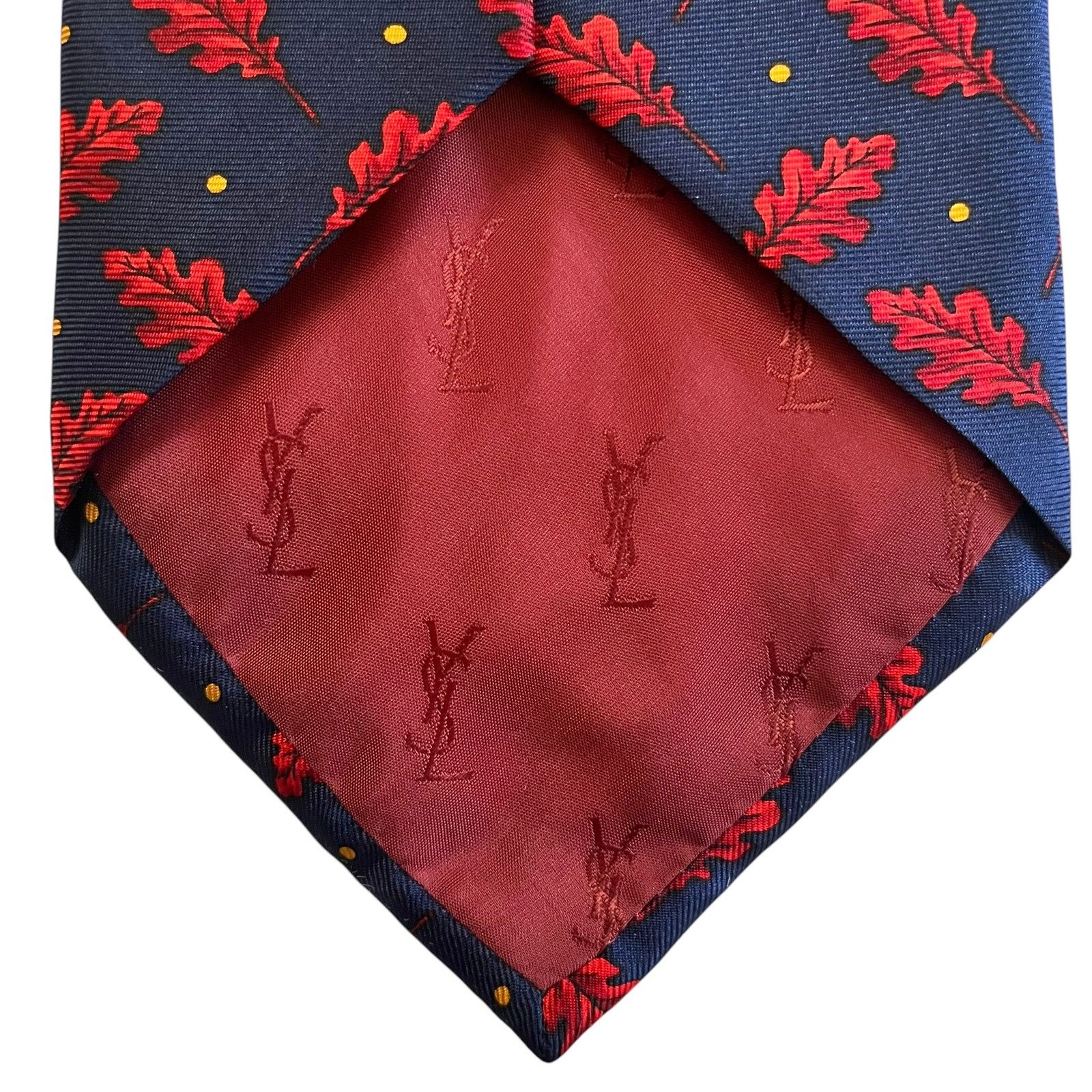 Yves Saint Laurent Yves Saint Laurent YSL Navy Blue Red Leaf Print Silk Tie Size ONE SIZE - 5 Thumbnail