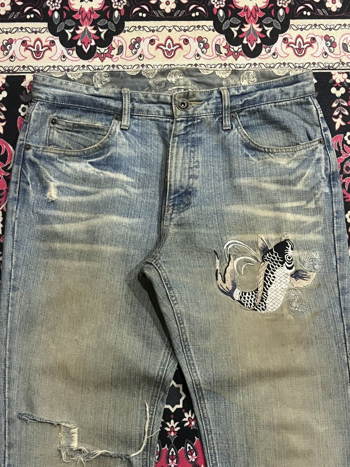 Karakuri Tamashii ⚡️Distressed⚡️Vintage Japanese Fish Koi Embroidery Mud Jeans Size US 34 / EU 50 - 4 Thumbnail