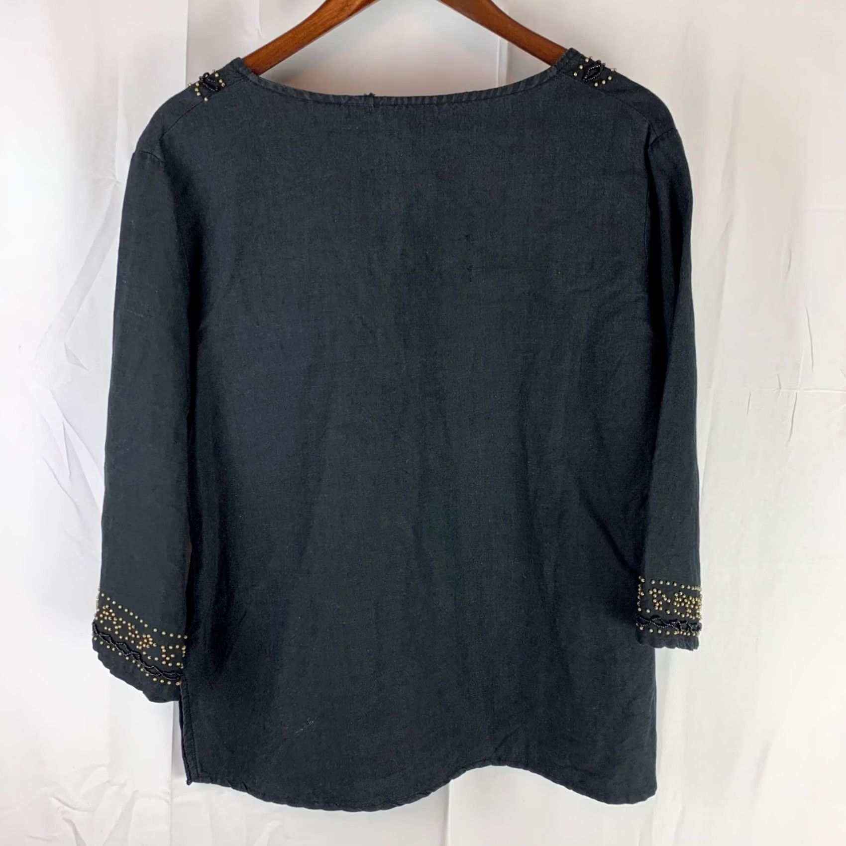 Vintage Kaktus Blouse Women's XL Black Beaded Linen Blend 3/4 Sleeve V-Neck Boho Top Size XL / US 12-14 / IT 48-50 - 7 Thumbnail