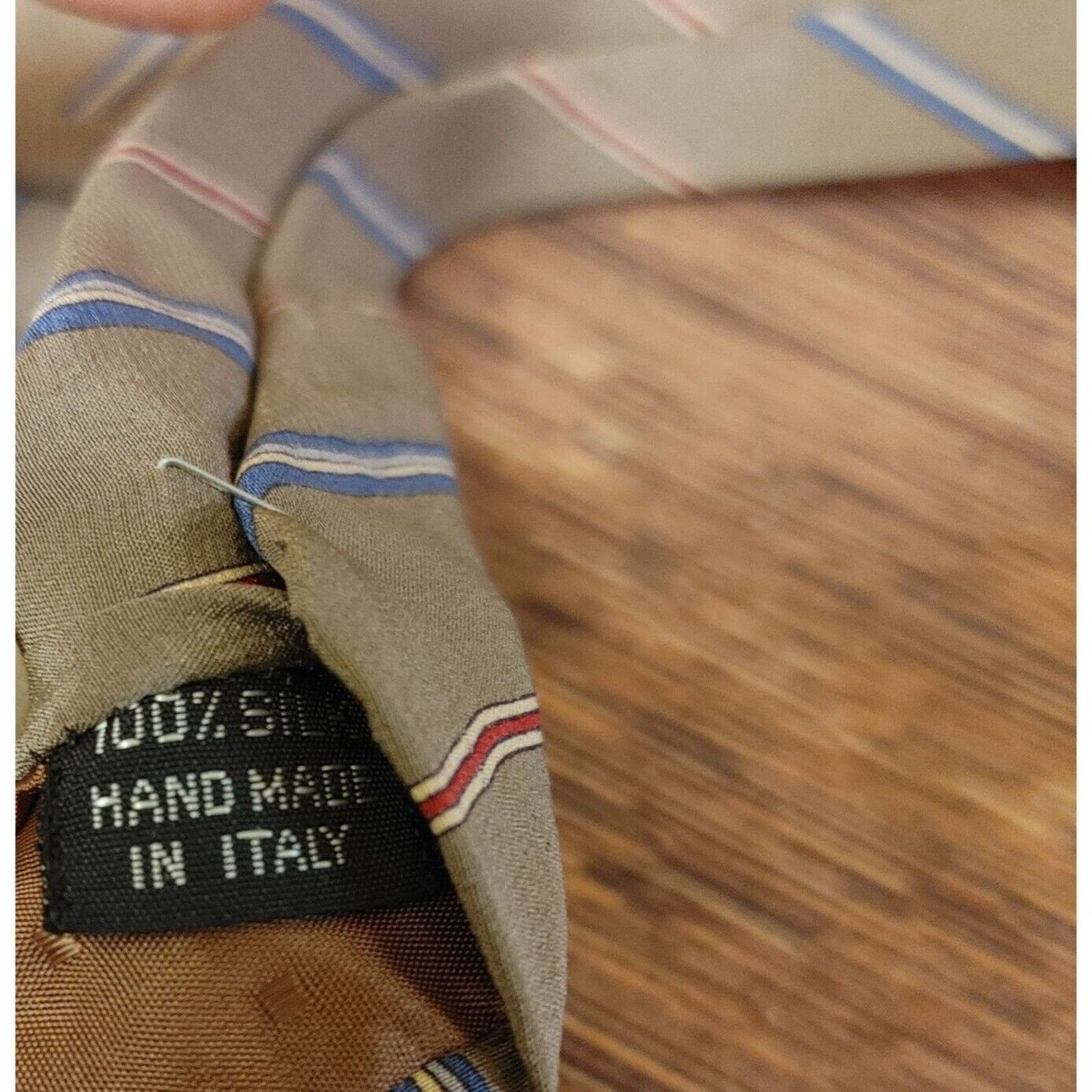 Other LDM Men's 100% Silk Beige/Blue Striped Neck Tie Size ONE SIZE - 3 Thumbnail