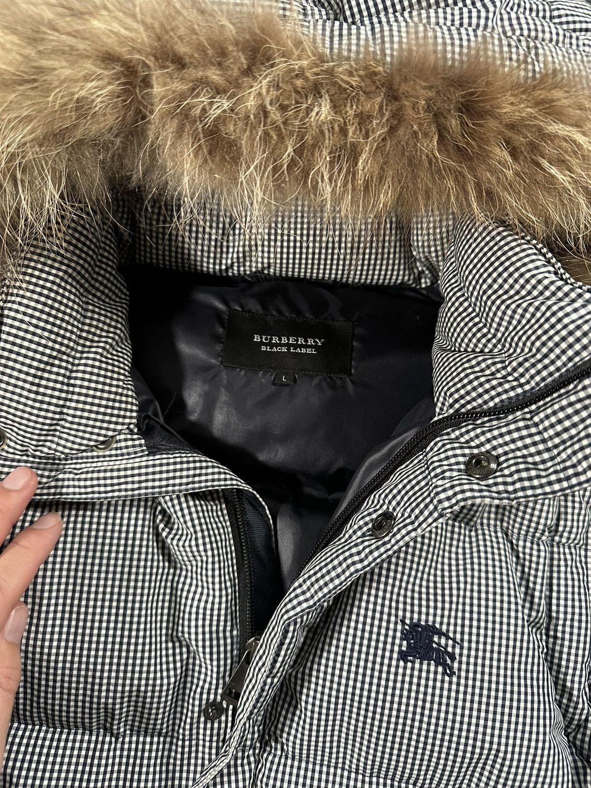 Burberry 00’s Burberry Gingham Check Fur Hood Down Puffer Jacket Size US L / EU 52-54 / 3 - 7 Thumbnail