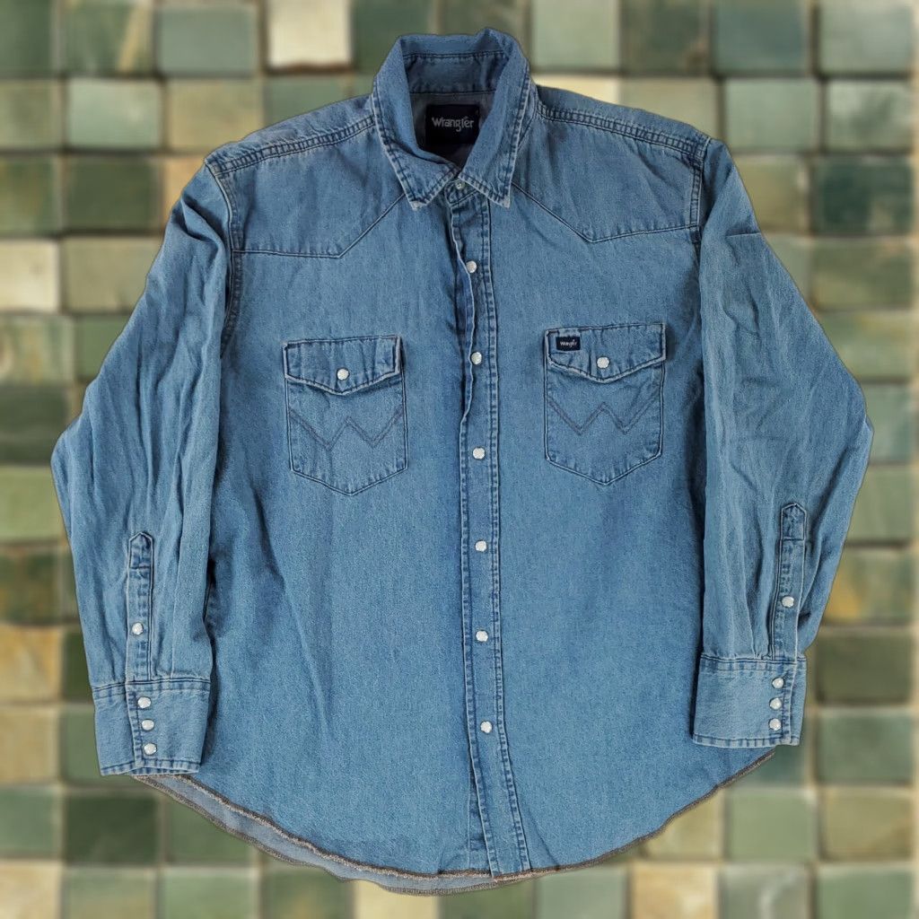 Wrangler Wrangler Shirt Denim Pearl Snap Blue Long Sleeve Mens XL Shirt Size US XL / EU 56 / 4 - 1 Thumbnail