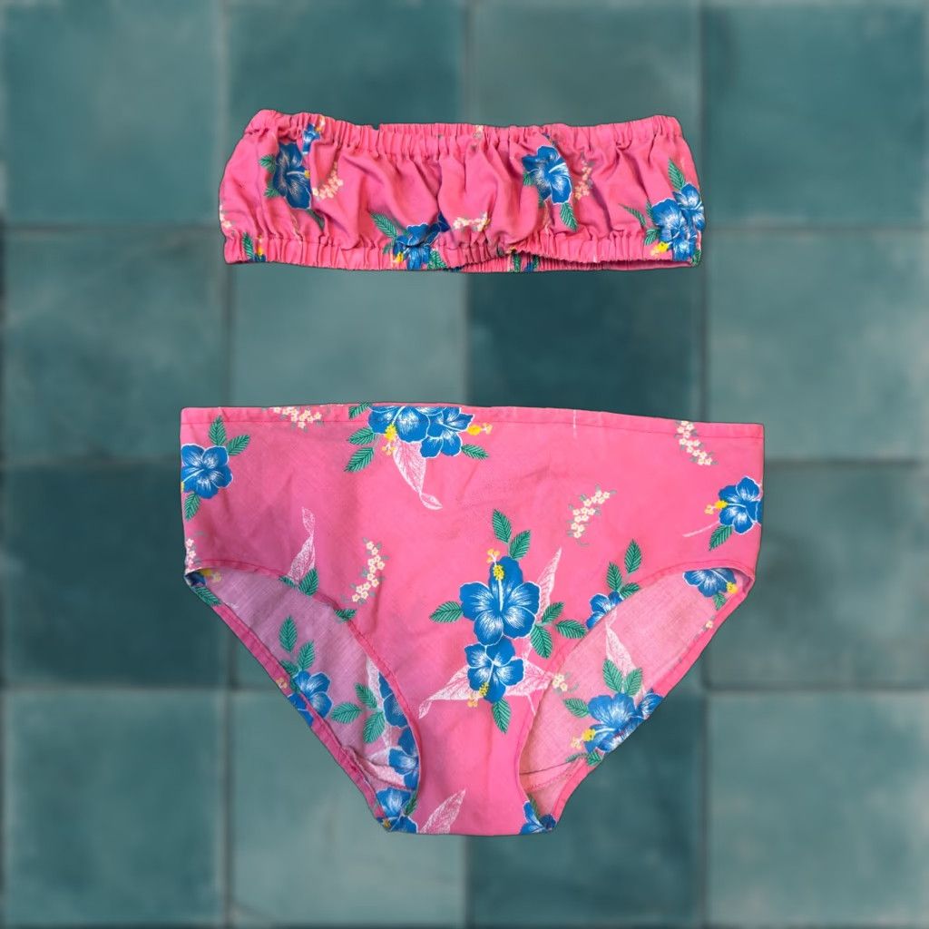 Vintage VINTAGE Bikini Swimsuit XS Pink Floral Cotton Strapless Retro Mod Handmade Size ONE SIZE - 1 Thumbnail