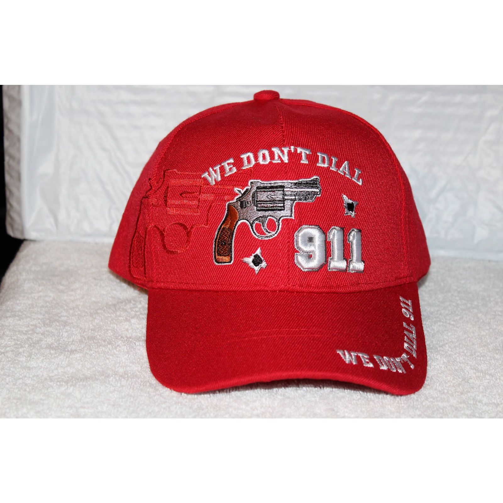 Vintage CALI Baseball Cap Red Pistol Theme We Don't Dial 911 Velcro Adjustable Men One Size Adjustable Cap Size ONE SIZE - 2 Thumbnail