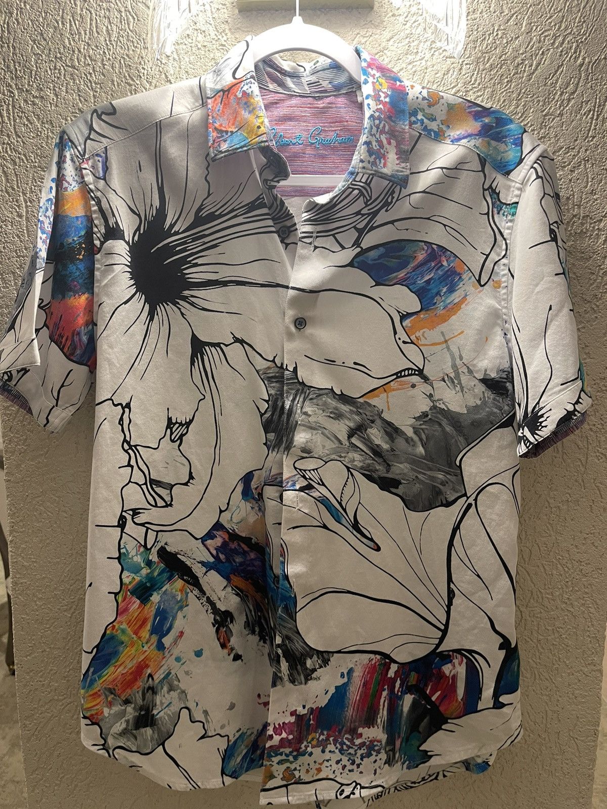 image of Robert Graham Shogun Floral Water Sketch Button Up Shirt in White, Men's (Size Small)