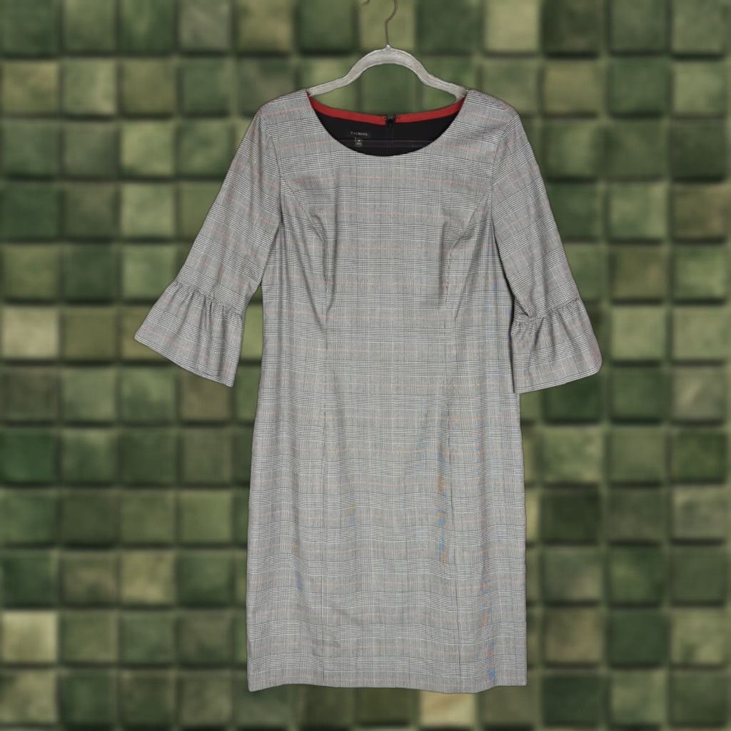Talbots Talbots Glen Plaid Sheath Dress 10 Black Multi Bell Sleeve Knee Length Crew Neck Zipper Tweed Polyester Size L / US 10 / IT 46 - 1 Thumbnail