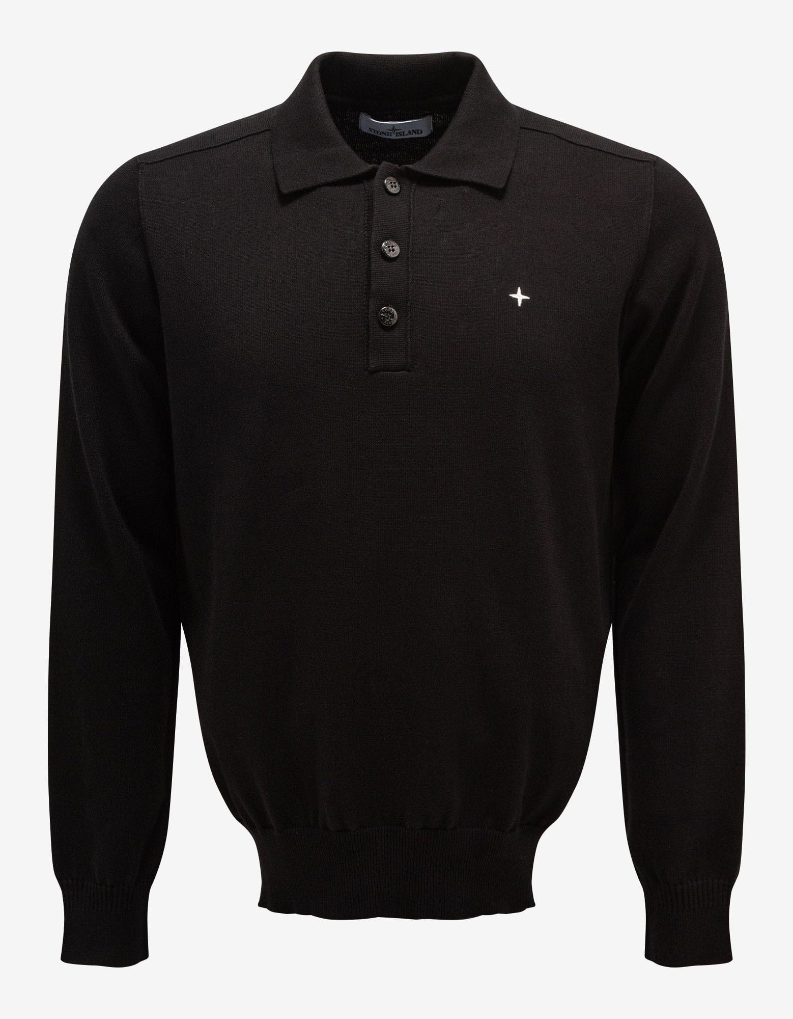 image of Stone Island Black Logo Knitted Long Sleeve Polo, Men's (Size Small)