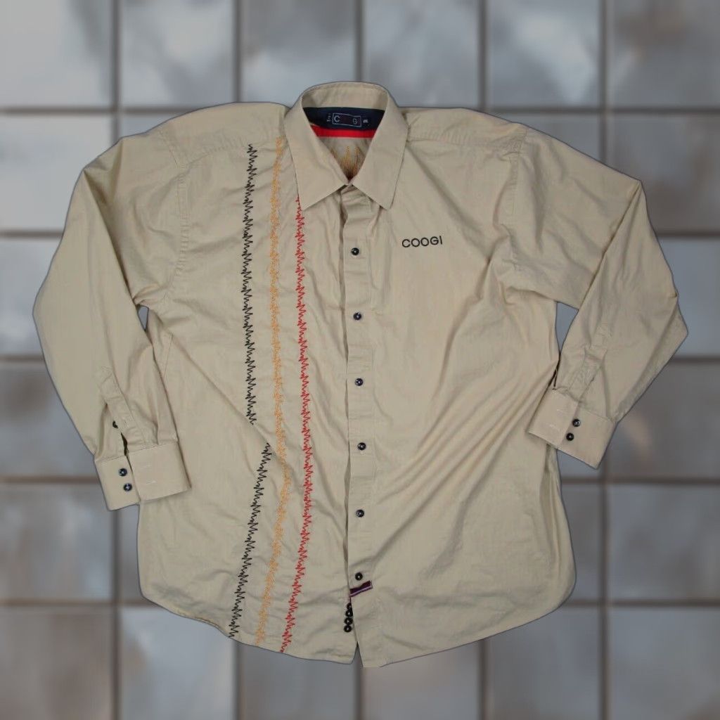 COOGI Shirt Mens 3XL Beige Button Up Long Sleeve Embroidered Retro Y2K