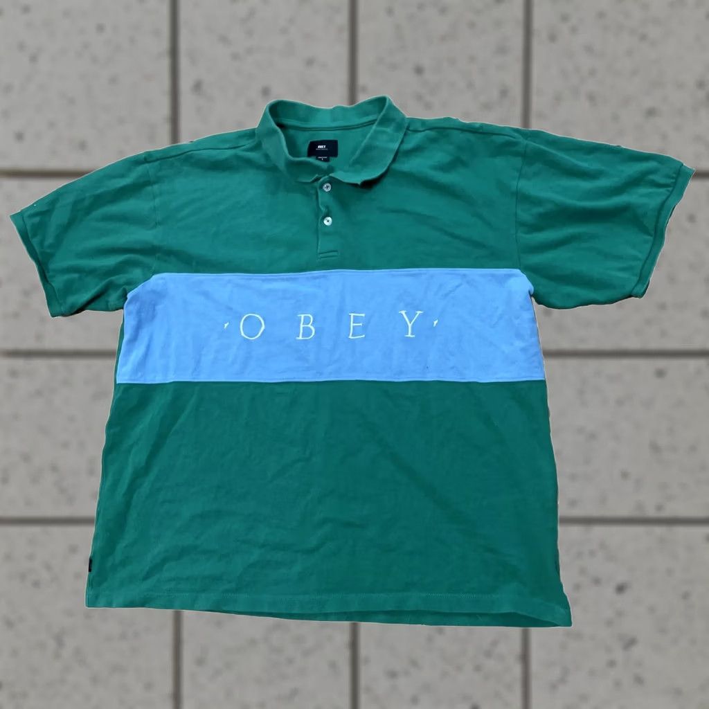Obey OBEY Polo Shirt Men L Green Blue Colorblock Y2k Streetwear Knit Polo Shirt Colorblock Logo Short Sleeve Casual Golf 90s Preppy Size US L / EU 52-54 / 3 - 1 Thumbnail