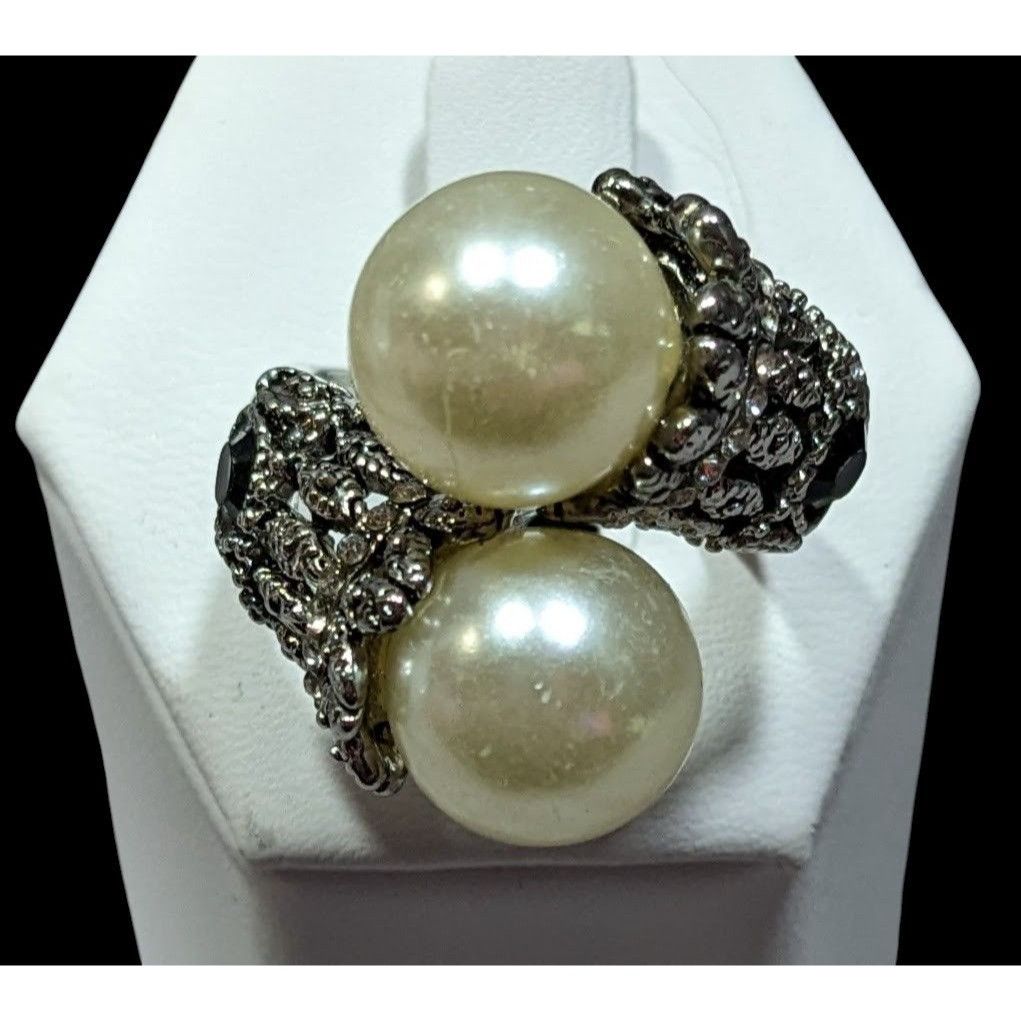 Other Vintage Glam Faux Pearl Cocktail Ring With Black Rhinestone Size ONE SIZE - 1 Thumbnail