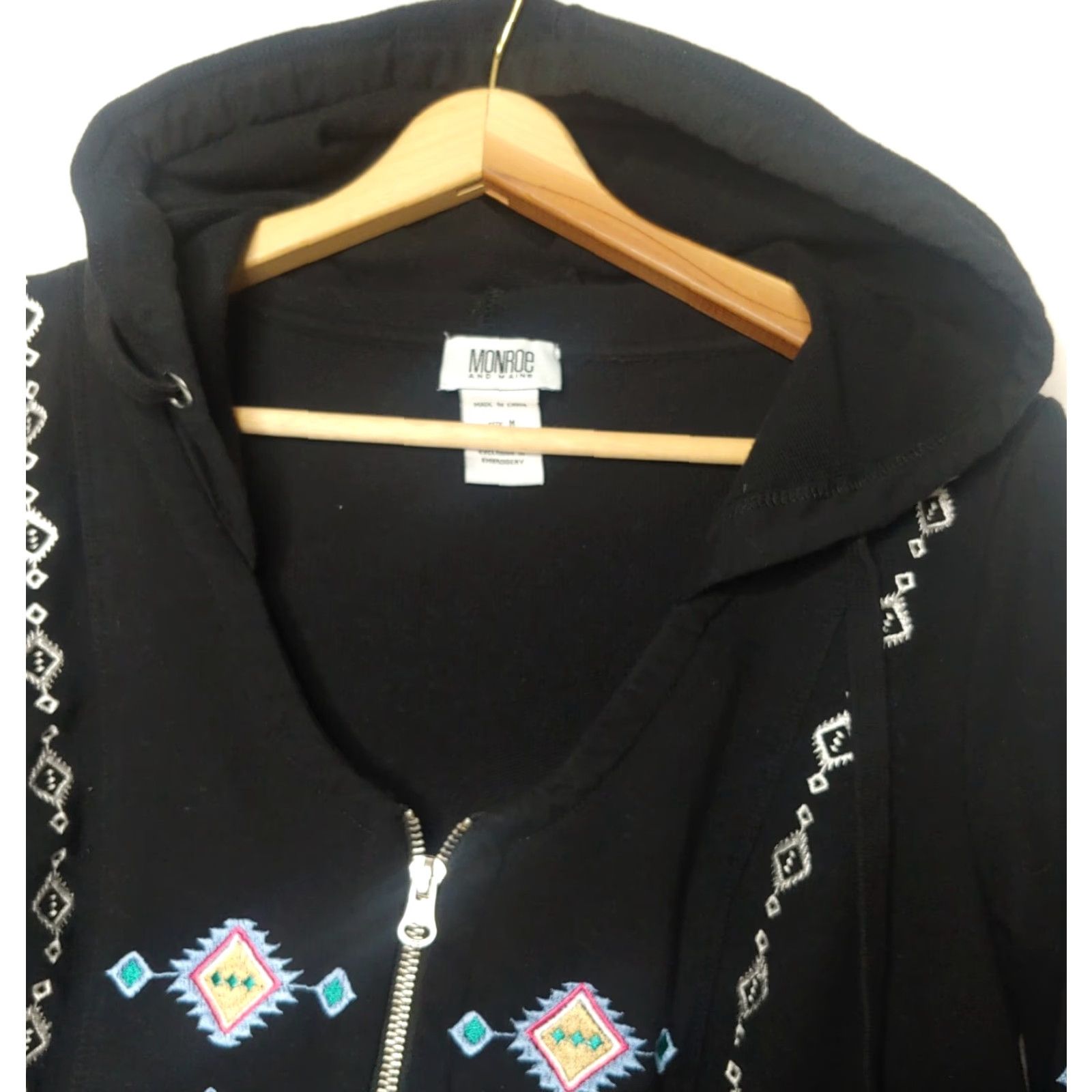 Vintage Monroe & Maine Women's Full Zip Sweatshirt M Black Hooded Boho Southwest Aztec Artsy Size M / US 6-8 / IT 42-44 - 5 Thumbnail