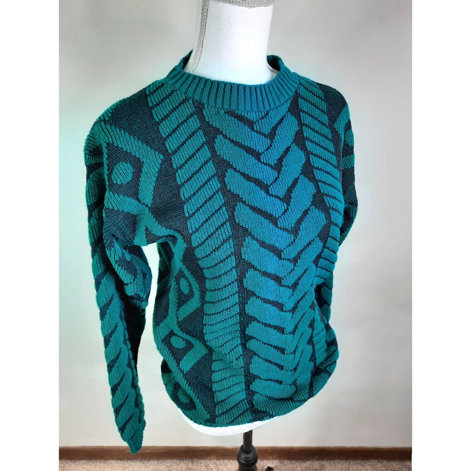 Vintage VINTAGE Grannycore 90s Sweater Crewneck Pullover Green USA S6C M Jane Adams Sweater Geometric Pullover Crewneck Womens (adjusted for relevance) Size M / US 6-8 / IT 42-44 - 2 Thumbnail