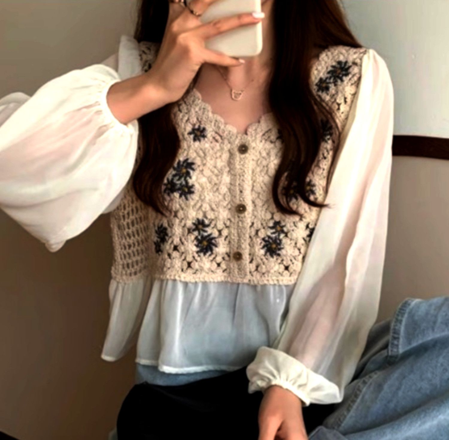Designer × Japanese Brand × Vintage Vintage Boho Chiffon Patchwork Embroidery Ruffle Blouse Rave Size ONE SIZE - 2 Thumbnail
