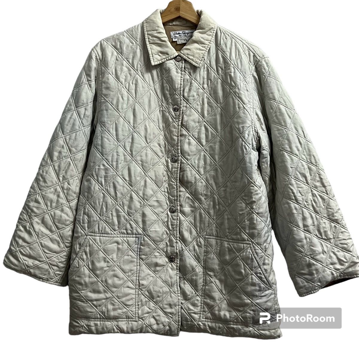 image of Archival Clothing x Salvatore Ferragamo Silver Quilted Chore Coat Barn Jacket in Cream/White (Size 