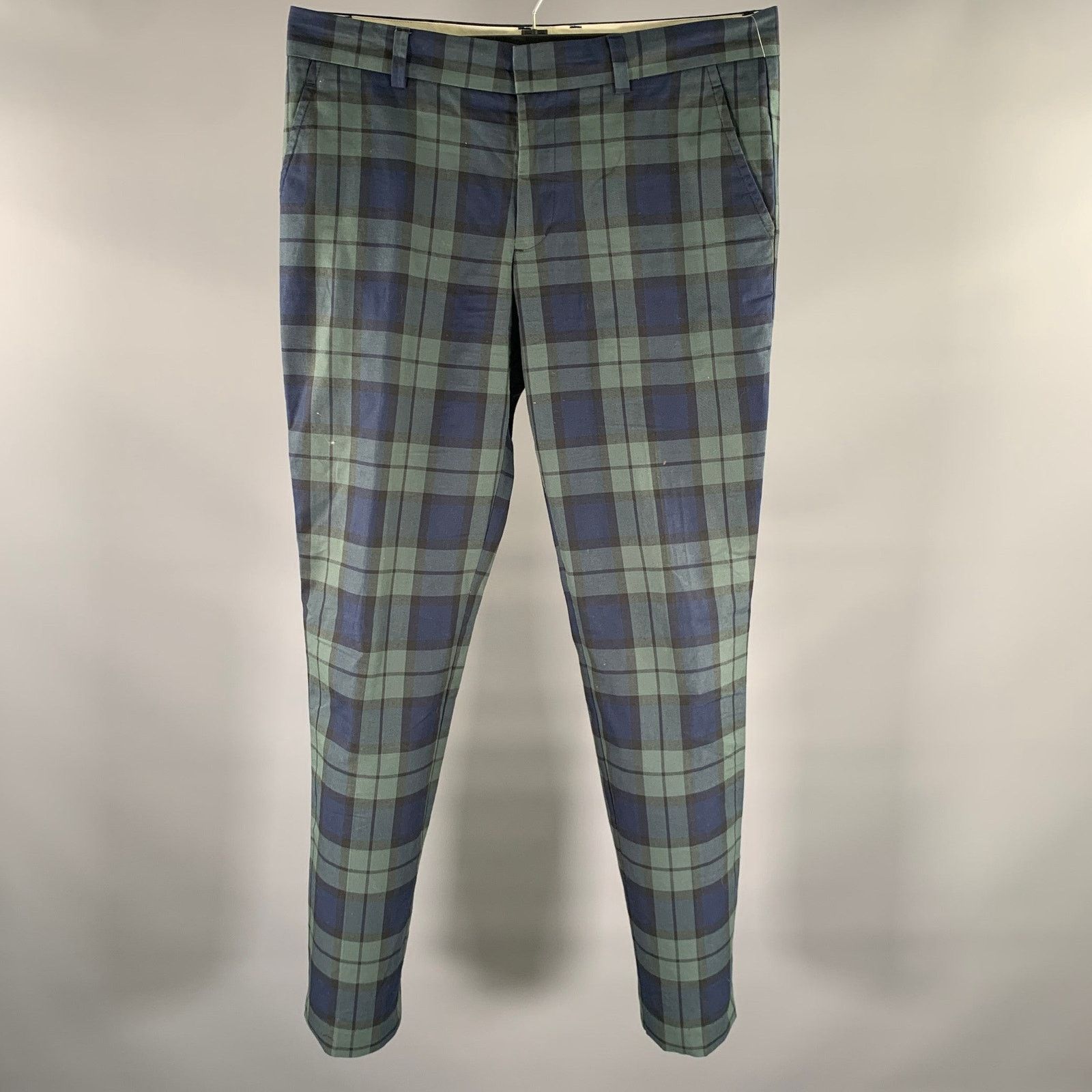 Mr Turk MR TURK Size 34 Green Navy Plaid Cotton Zip Fly Casual Pants Size US 34 / EU 50 - 1 Thumbnail