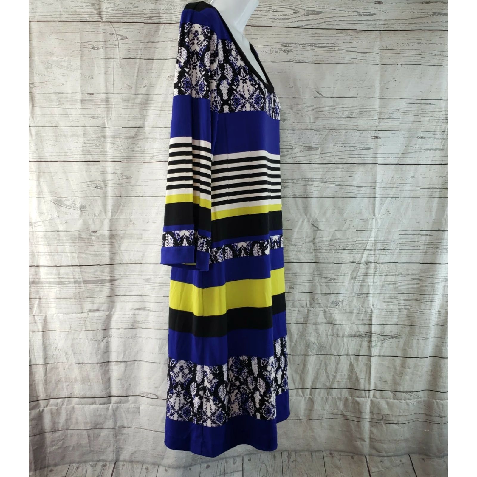 Calvin Klein Calvin Klein Womens Dress Striped Blue Yellow Scoop Neck 3/4 Sleeve Size M Knee Length Womens Size M / US 6-8 / IT 42-44 - 3 Thumbnail