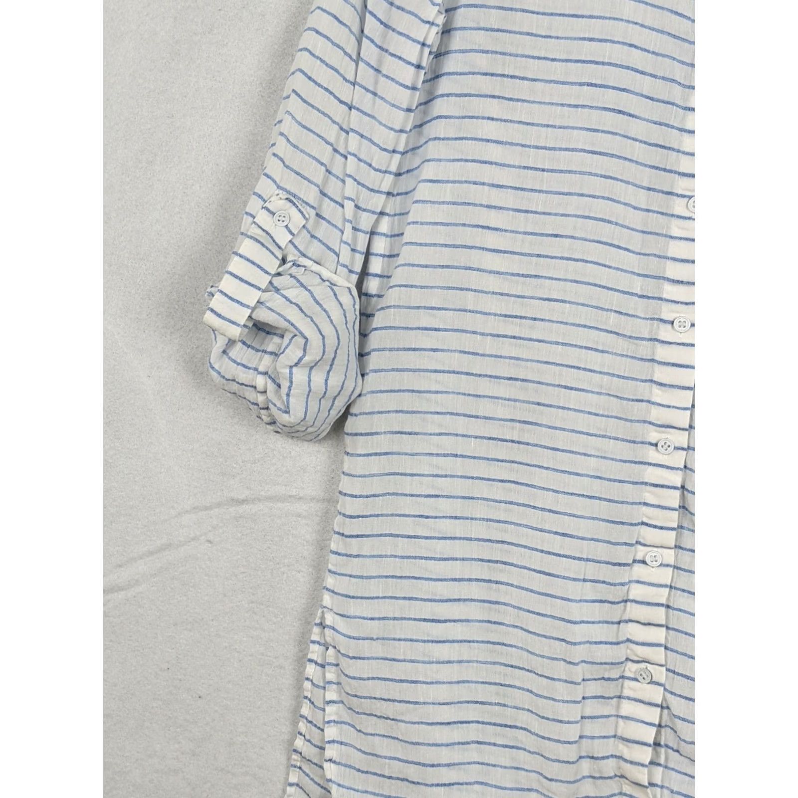 Alice + Olivia ALICE & OLIVIA Button-Up Shirt Women S Striped Long Sleeve Tunic Blue/White Linen/Cotton V-Neck Tie Cuffs Casual Modern 90s? Size S / US 4 / IT 40 - 6 Thumbnail