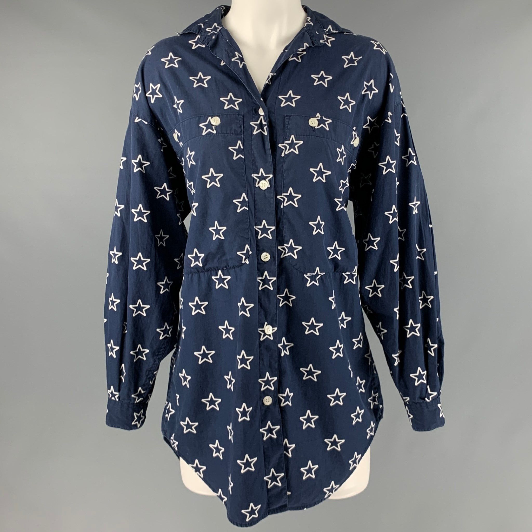 image of Perry Ellis Navy White Cotton Stars Patch Pockets Shirt, Women's (Size Small)