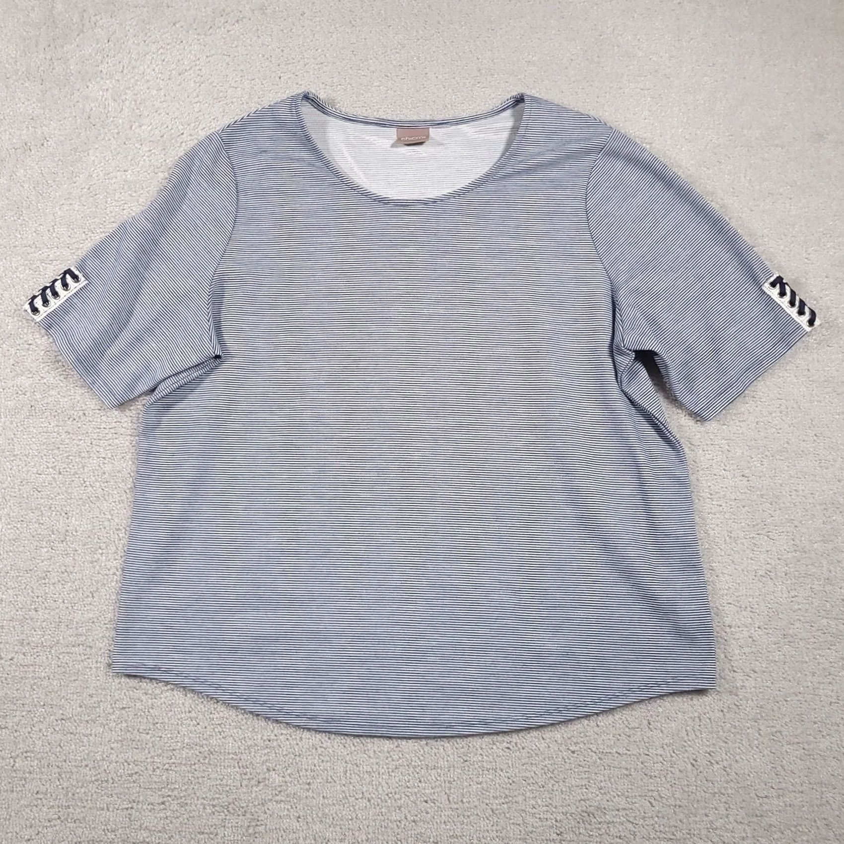 Vintage Chicos Shirt Womens XL Blue White Striped Short Sleeve Lace Up Tee Top Size XL / US 12-14 / IT 48-50 - 2 Thumbnail
