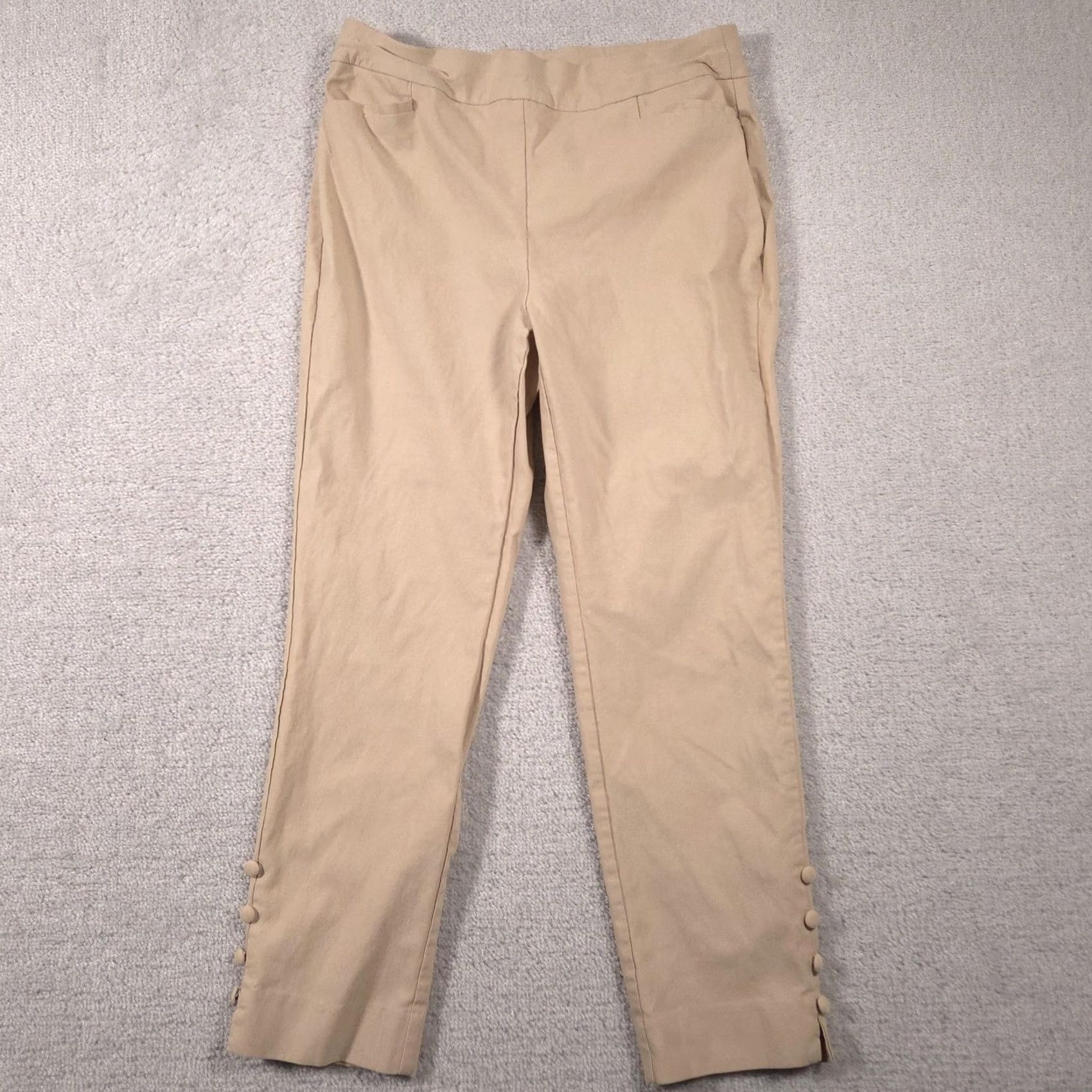 Vintage Chico's Pants Womens 10 Petite Khaki Ankle Button Hem Pull-On Slim Stretch Chino Pants Size 32" / US 10 / IT 46 - 2 Thumbnail
