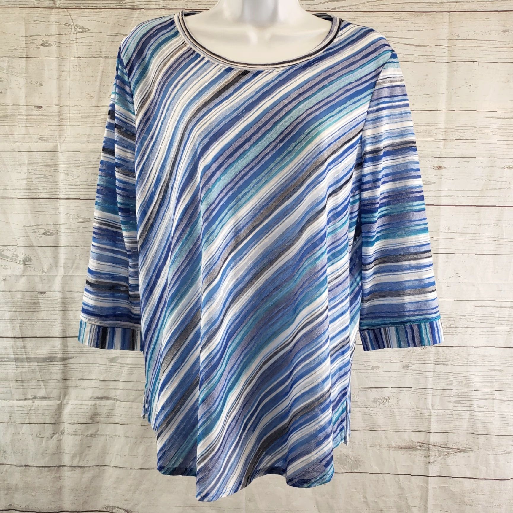 Alife Focus Casual Life Womens Top Shirt L Blue White Stripe 3/4 Sleeve Sheer Casual Occasional Blues Size L / US 10 / IT 46 - 2 Thumbnail