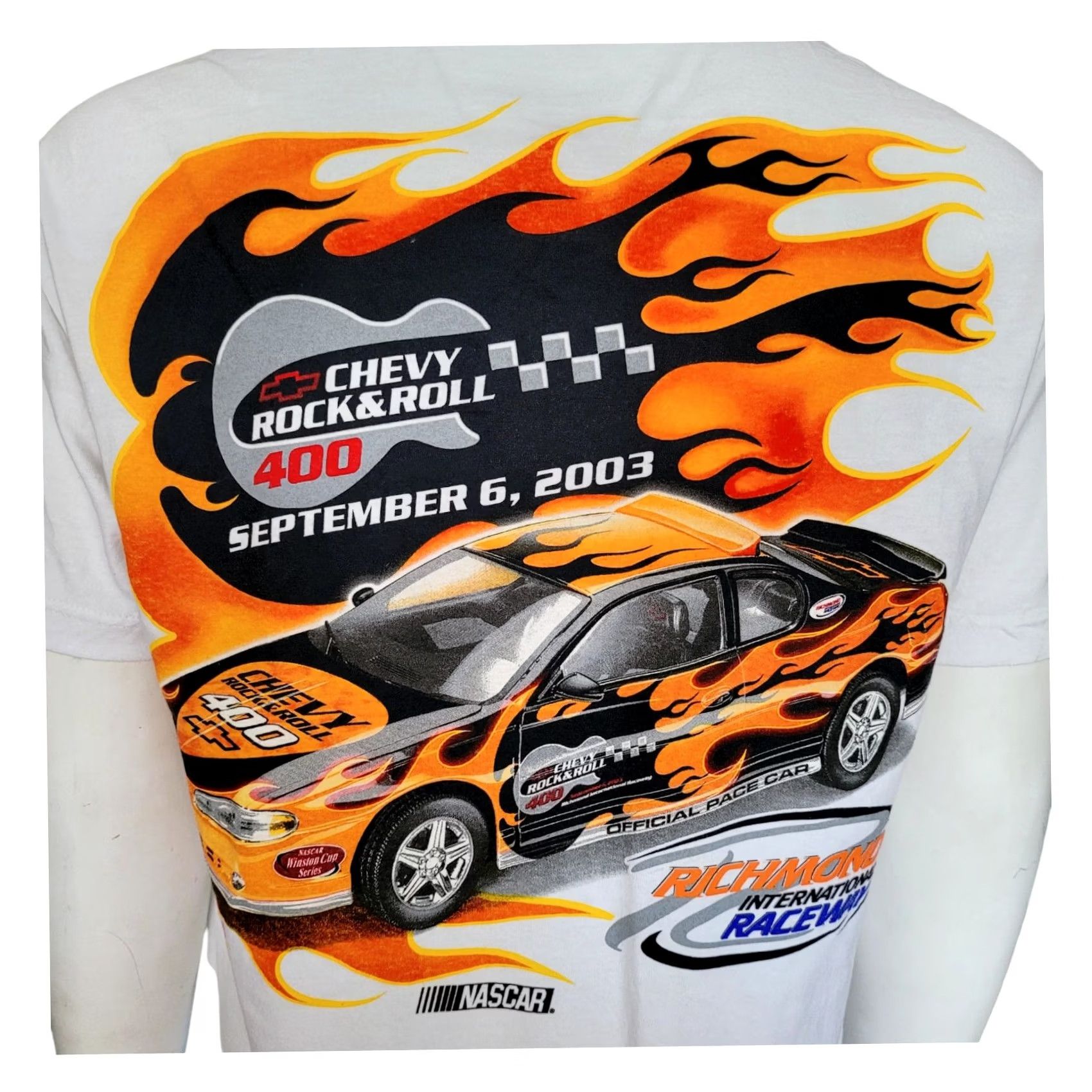 NASCAR VINTAGE ISC Motorsports Chevy Rock & Roll 400 T-Shirt Large White Flames NASCAR Racing 2003 Men's Size US L / EU 52-54 / 3 - 4 Thumbnail
