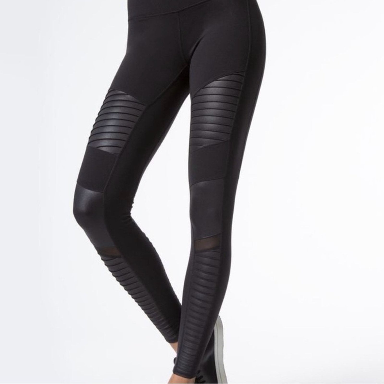 Alo Yoga Alo Moto Athletic Leggings Mesh Faux Leather Active Active in Grey, Women's (Size 26)