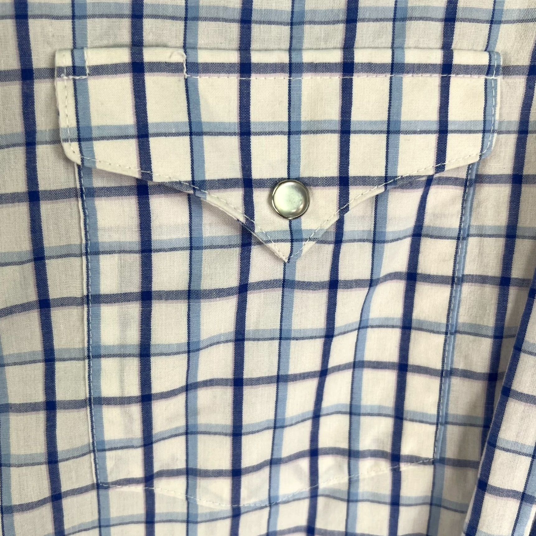 Vintage Panhandle Slim Pearl Snap Checked Button Up Shirt Mens Size M White Blue 15.5/3 Long Sleeve Chest 44 in Button-Up Western Pattern Check Vintage No N/A Size US L / EU 52-54 / 3 - 2 Thumbnail